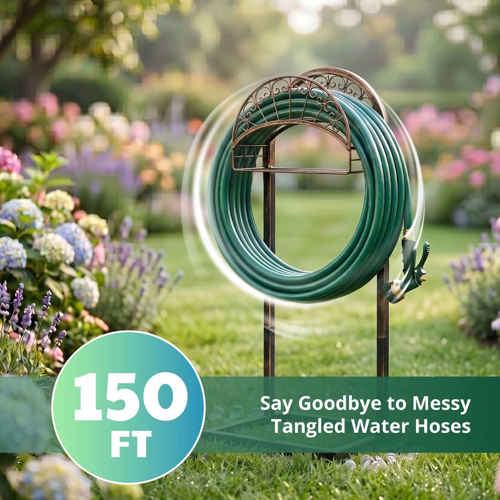 Garden Hose Holder, Water Hose Holder Stand with Storage Basket, Heavy Duty Freestanding Garden Hose Hanger Storage Rack with 4 Spikes for Outside Yard Lawn Farm, Bronze view 8