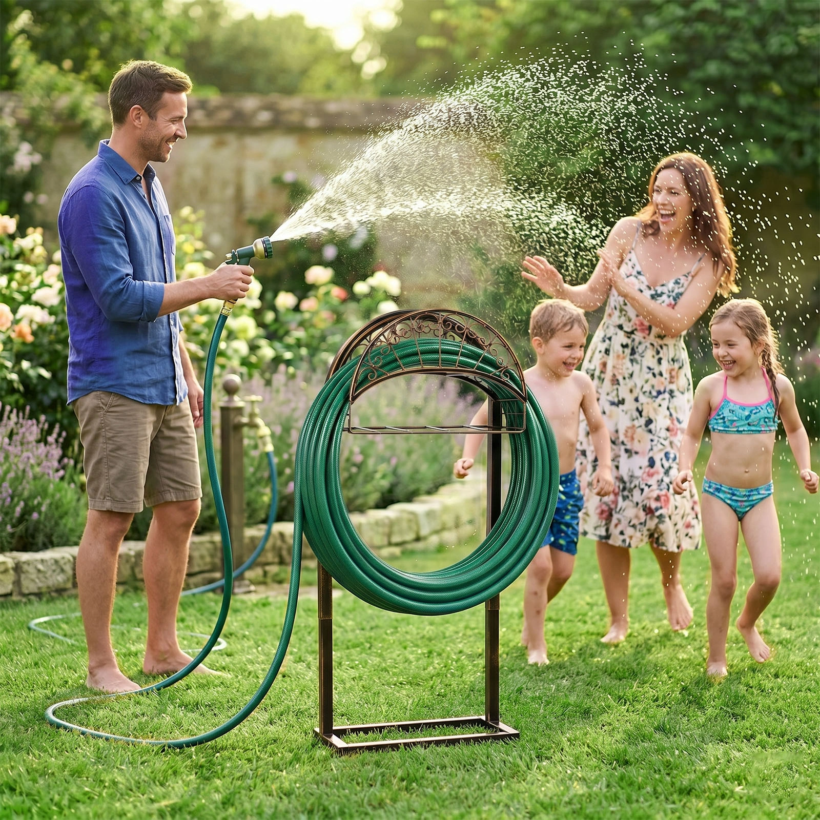 Garden Hose Holder, Water Hose Holder Stand with Storage Basket, Heavy Duty Freestanding Garden Hose Hanger Storage Rack with 4 Spikes for Outside Yard Lawn Farm, Bronze view 9