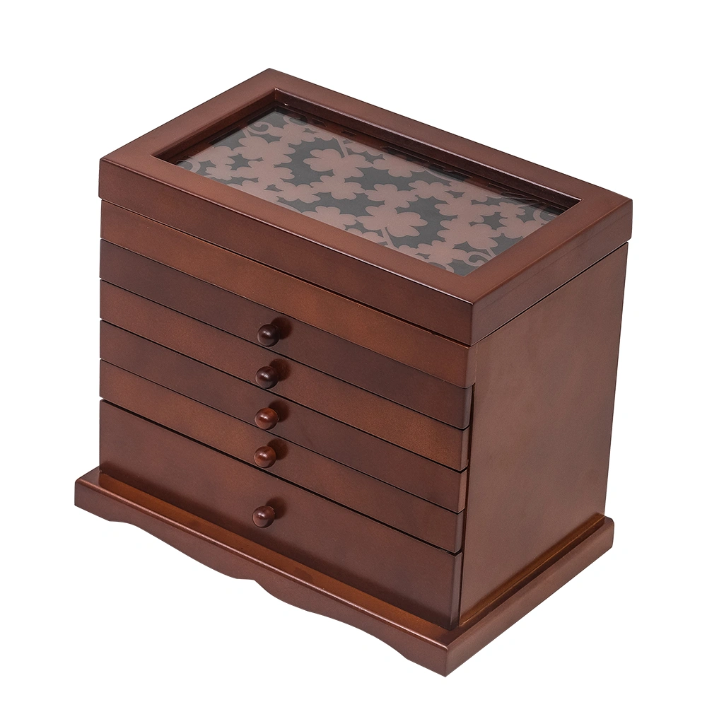 Brown Wooden Jewelry Organizer Box, 6-Layer Large Storage Case with 5 Drawers, Jewellery Display Holder