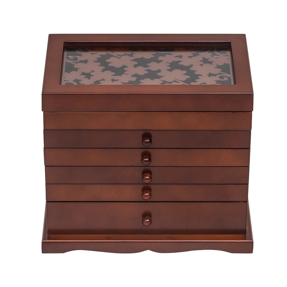 Brown Wooden Jewelry Organizer Box, 6-Layer Large Storage Case with 5 Drawers, Jewellery Display Holder view 2