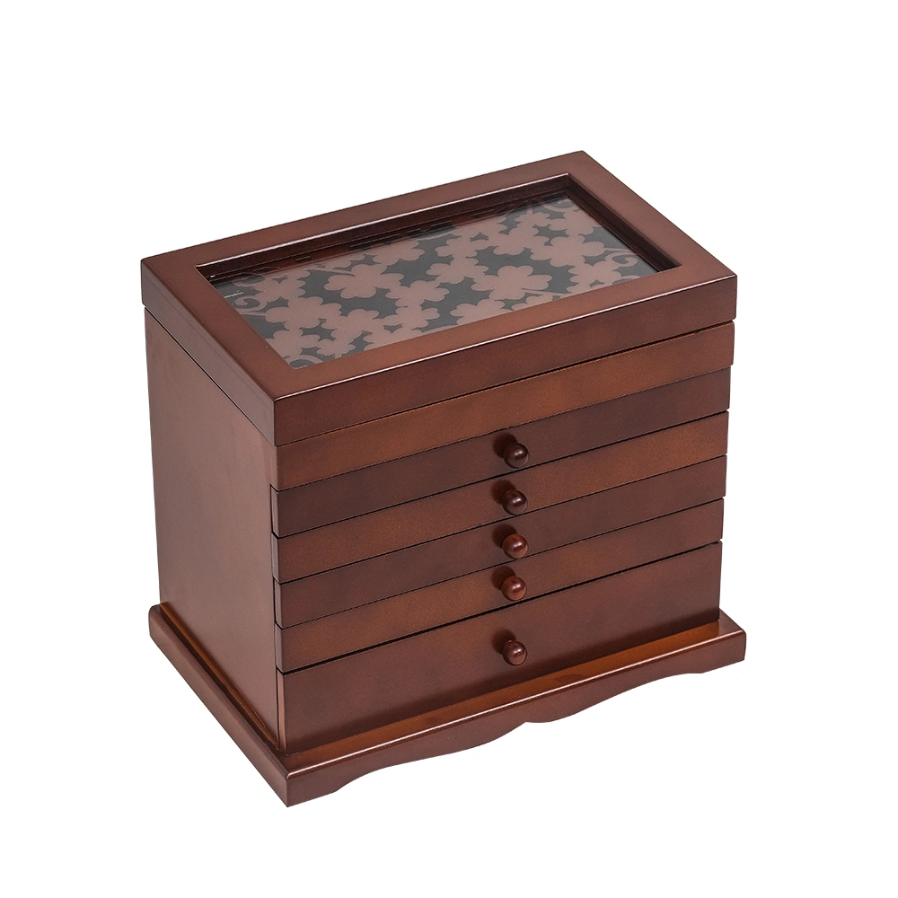 Brown Wooden Jewelry Organizer Box, 6-Layer Large Storage Case with 5 Drawers, Jewellery Display Holder view 3