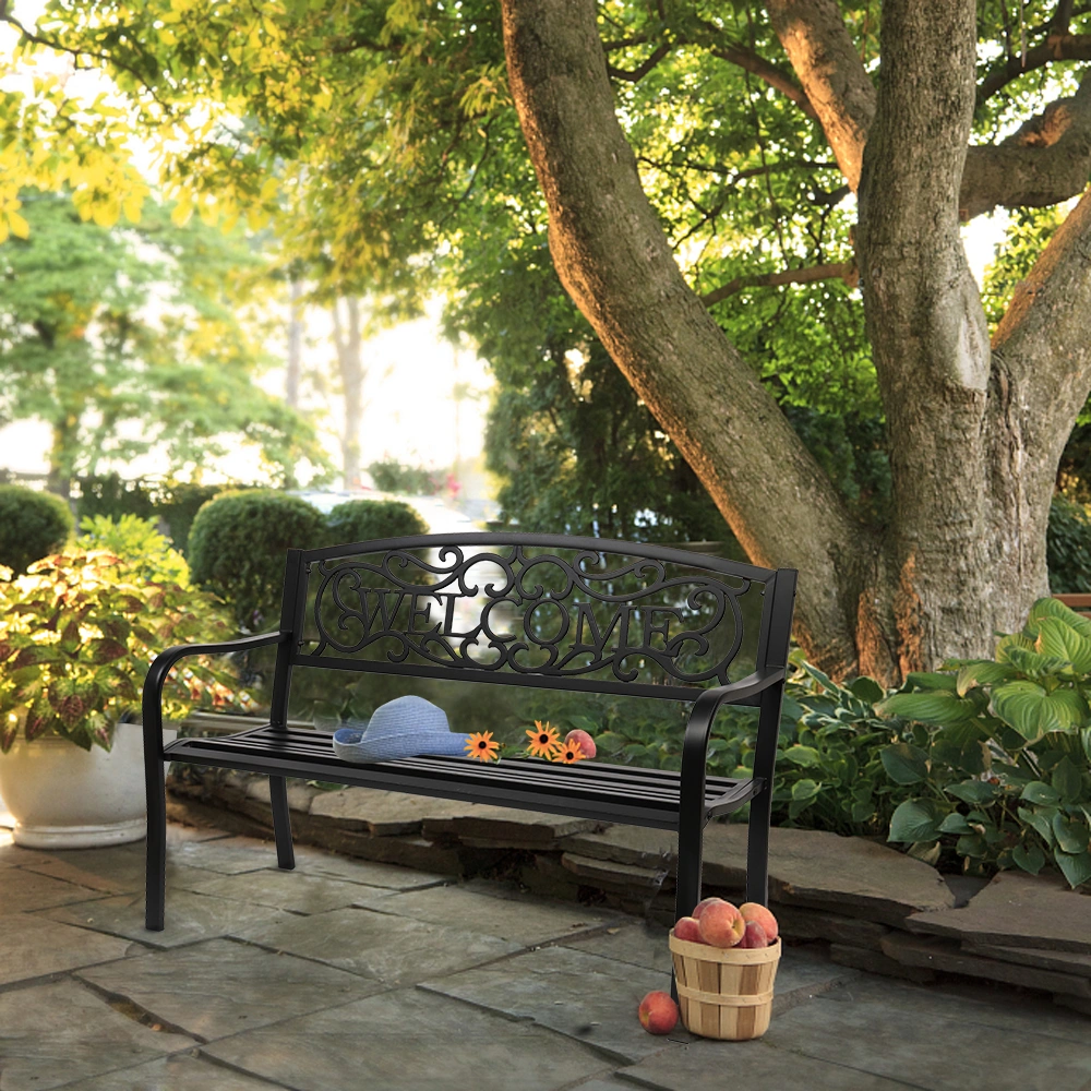 50" Outdoor Welcome Backrest Cast Iron Bench view 20