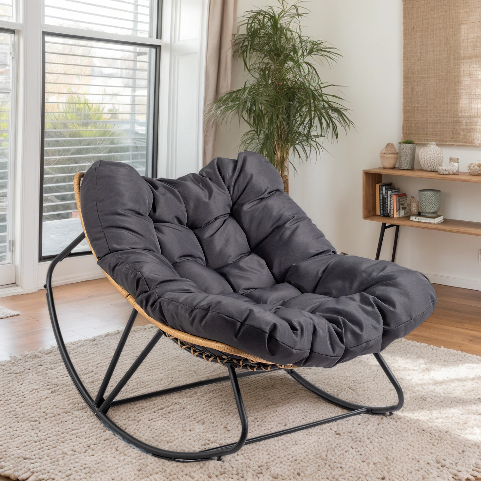 Oversized Rattan Papasan Chair, Outdoor Steel Wicker Rocking Seating with Thick Padded Cushion for Patio, Living Room, Backyard, Porch (Yellow Wicker & Gray Cushion) view 12