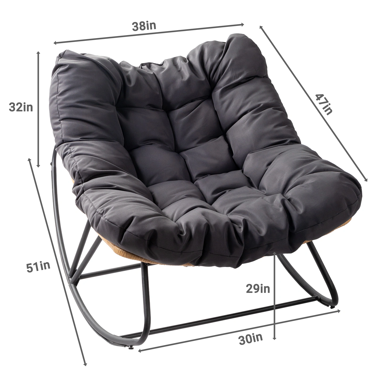 Oversized Rattan Papasan Chair, Outdoor Steel Wicker Rocking Seating with Thick Padded Cushion for Patio, Living Room, Backyard, Porch (Yellow Wicker & Gray Cushion) view 5