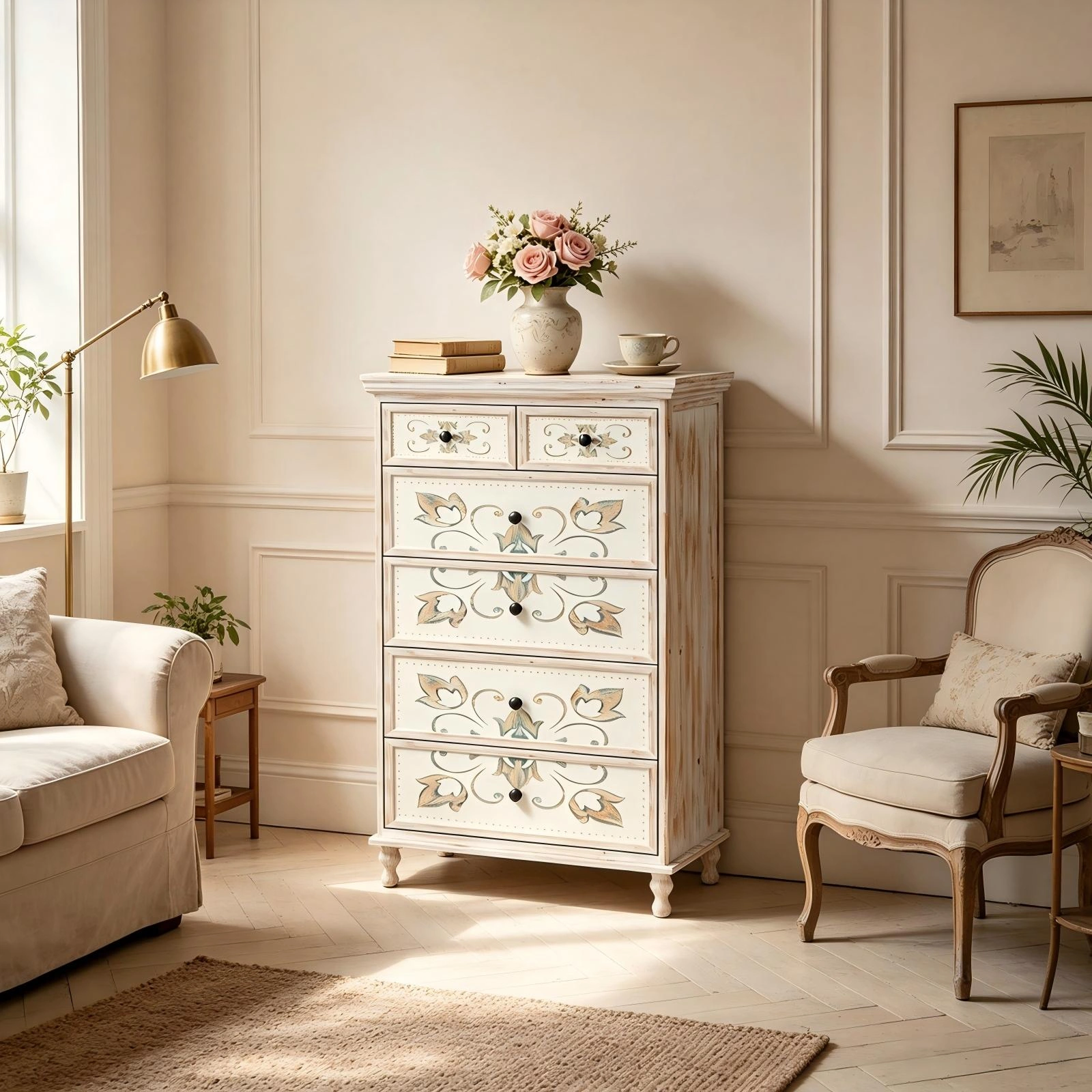 6-Drawer Carved Chest of Drawers - White MDF Storage Cabinet with Solid Wood Legs view 2