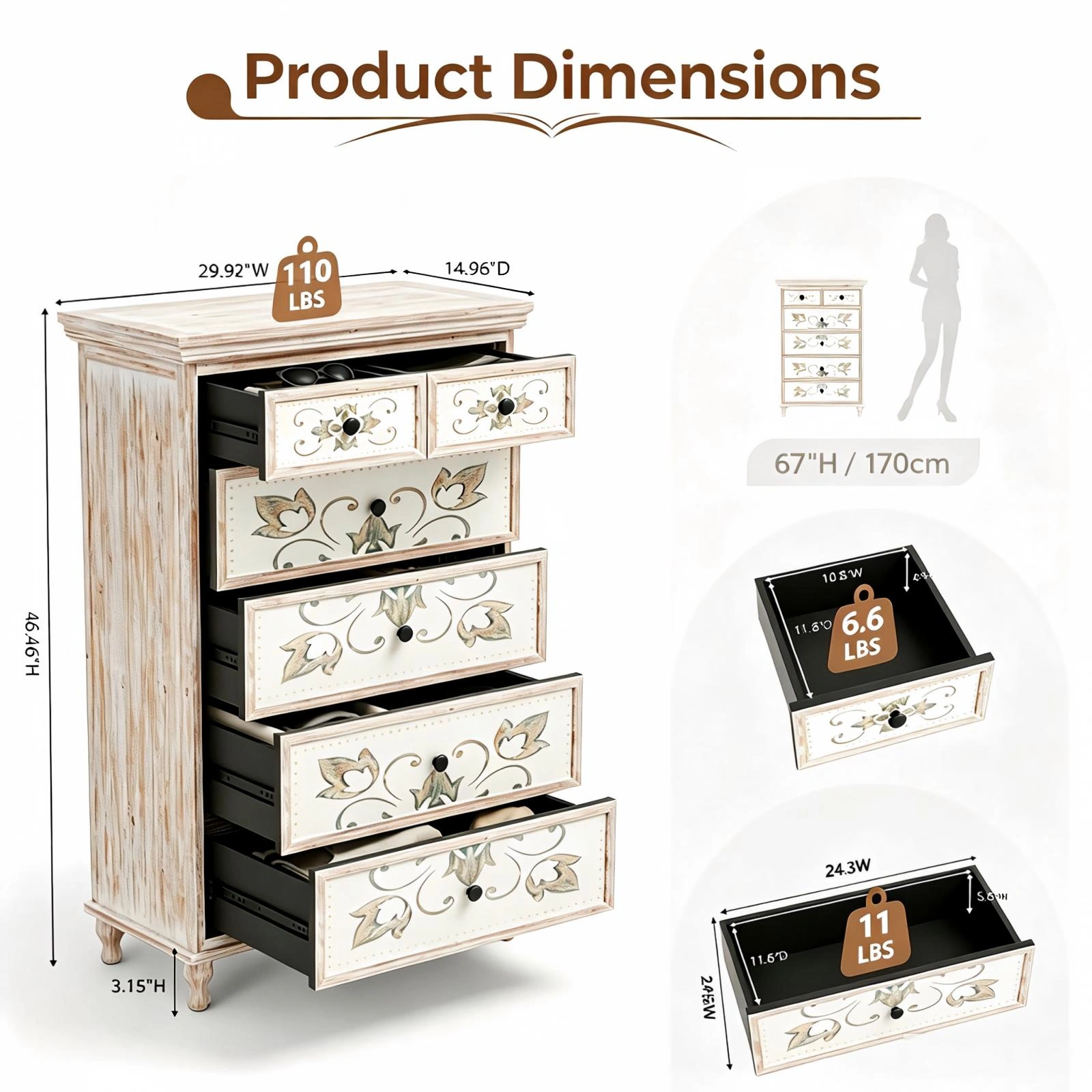 6-Drawer Carved Chest of Drawers - White MDF Storage Cabinet with Solid Wood Legs view 3