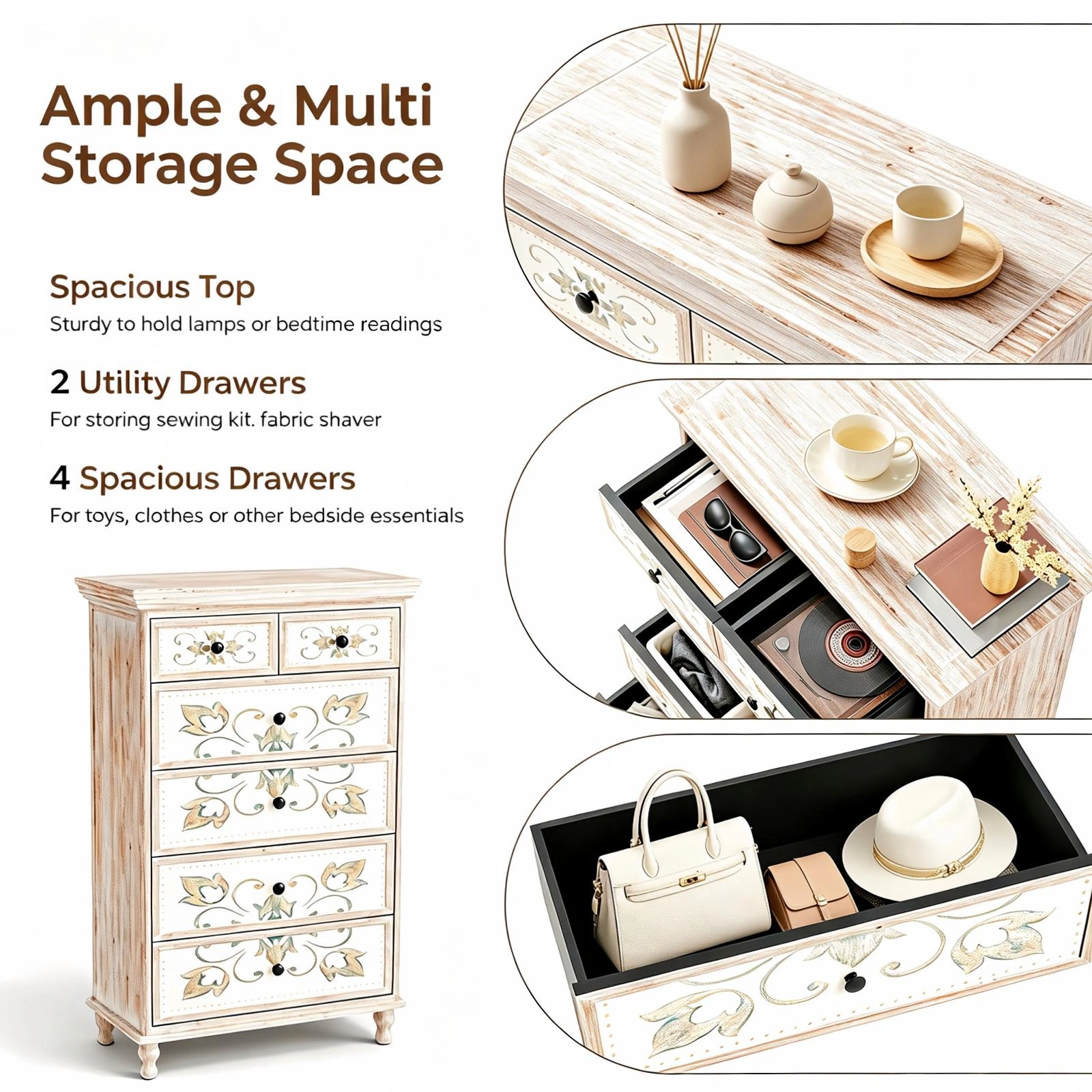 6-Drawer Carved Chest of Drawers - White MDF Storage Cabinet with Solid Wood Legs view 7