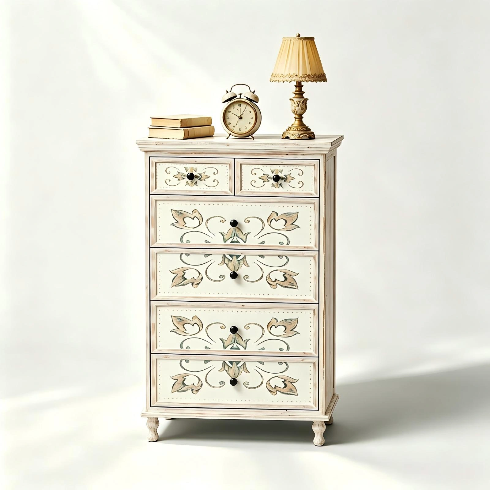 6-Drawer Carved Chest of Drawers - White MDF Storage Cabinet with Solid Wood Legs view 8
