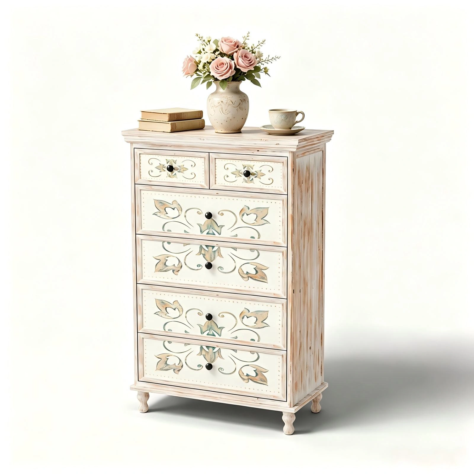 6-Drawer Carved Chest of Drawers - White MDF Storage Cabinet with Solid Wood Legs view 9