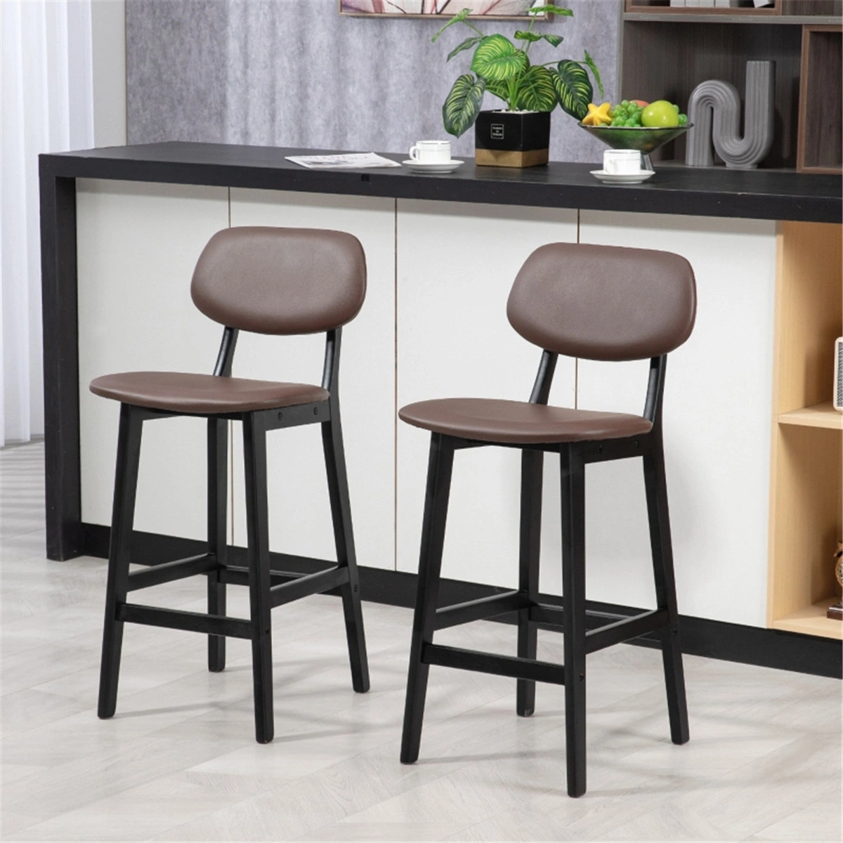 Bar Stools Set of 2, 30" Counter Height Chair, Mid-Century Modern Dining Stool, Brown Leather Seat, Tapered Walnut Legs, Accent Office Chair, Easy Assembly, Kitchen Island Seating