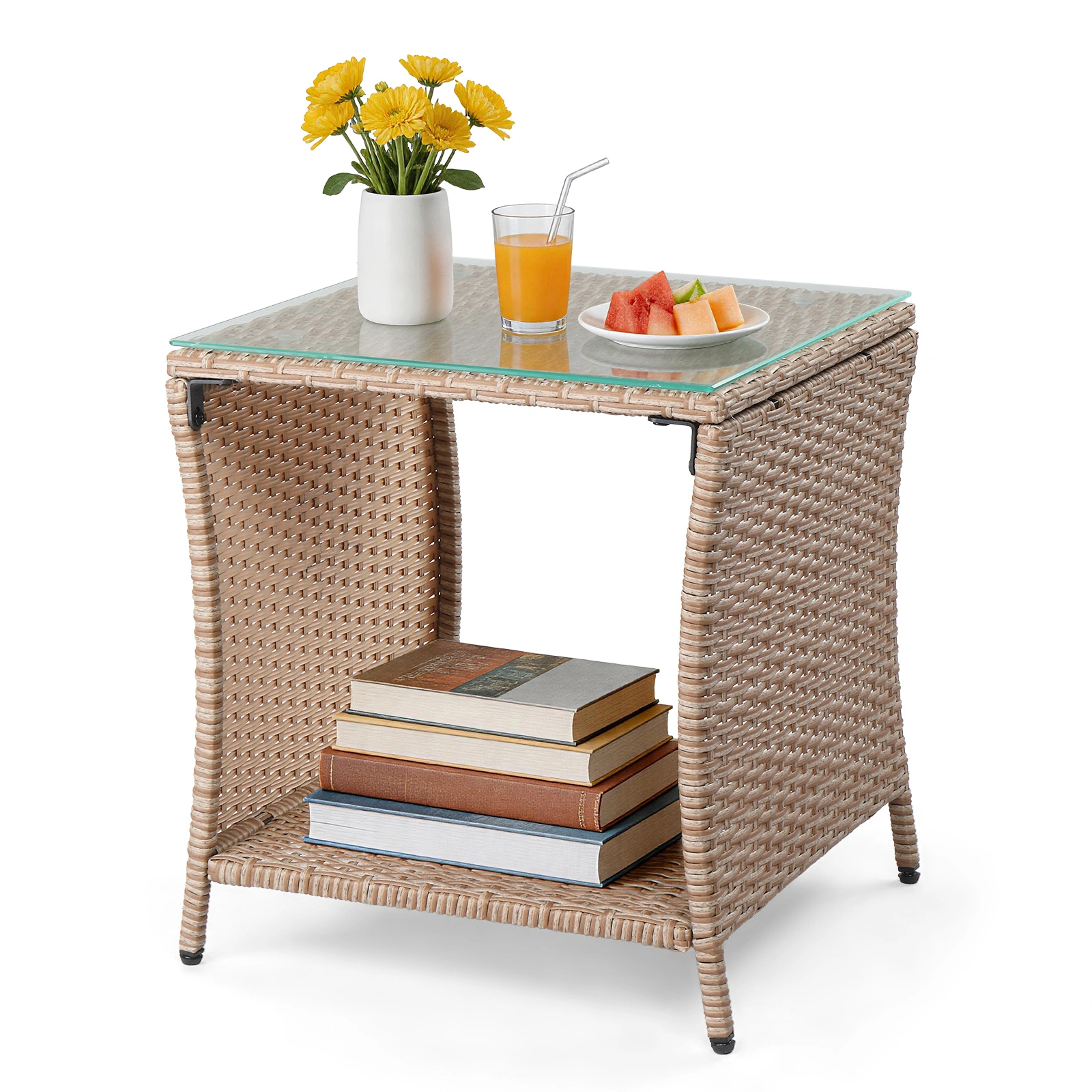 Glass Surface Yellow Gradient Iron Frame Rattan Side Table view 3