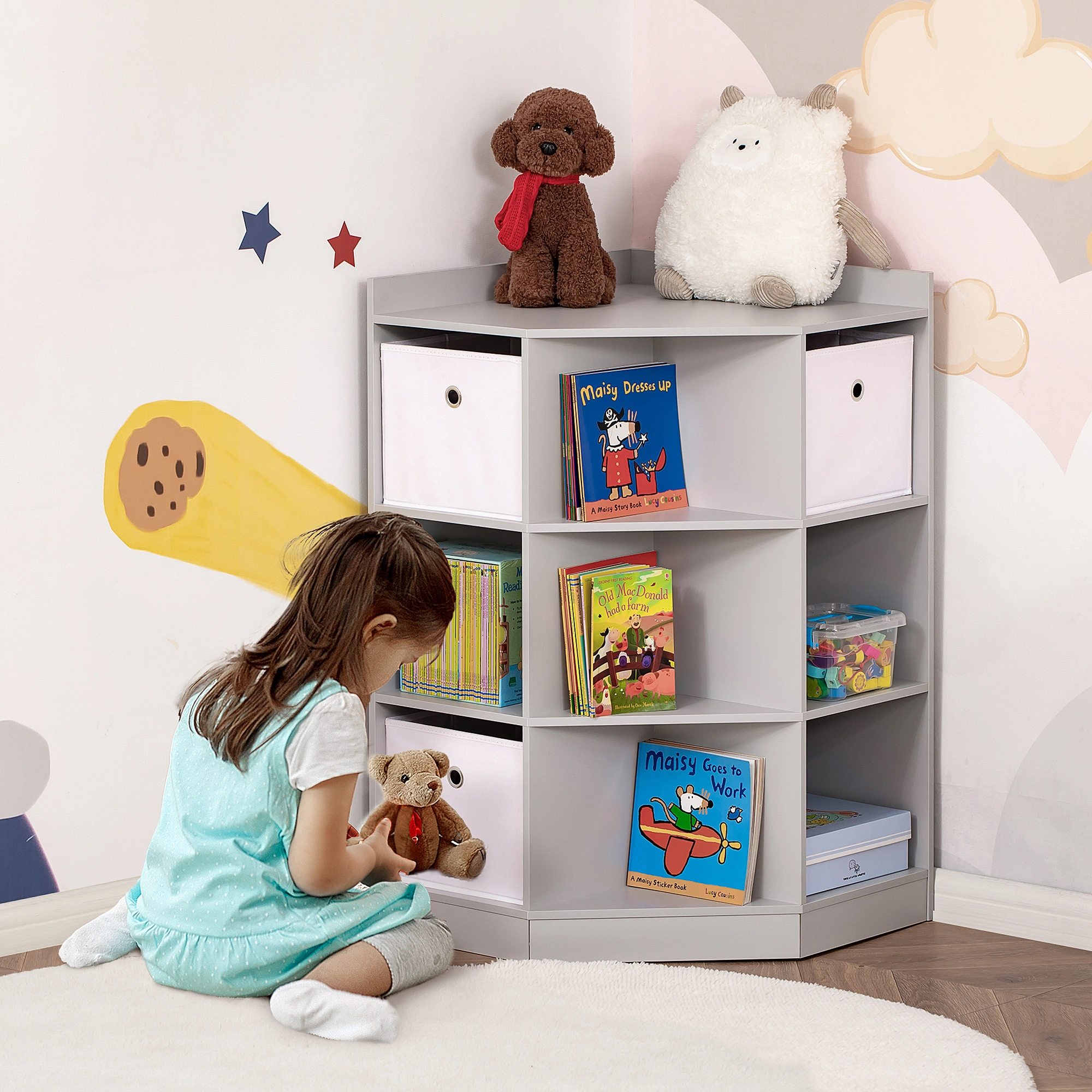 Kids Storage Cabinet, Wooden Children's Toy Organizer with Doors & Shelves, Bedroom Living Room Decor