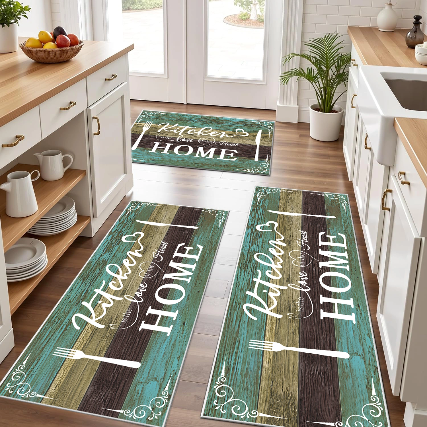 Boho Kitchen Rug Sets 3 Pieces, Washable Kitchen Mats for Floor, Non Slip Soft Kitchen Area Rug Floor Mat for Kitchen, Laundry Room and Hallway (Teal, 20''x32''+20''x48''+20''x60'') view 3