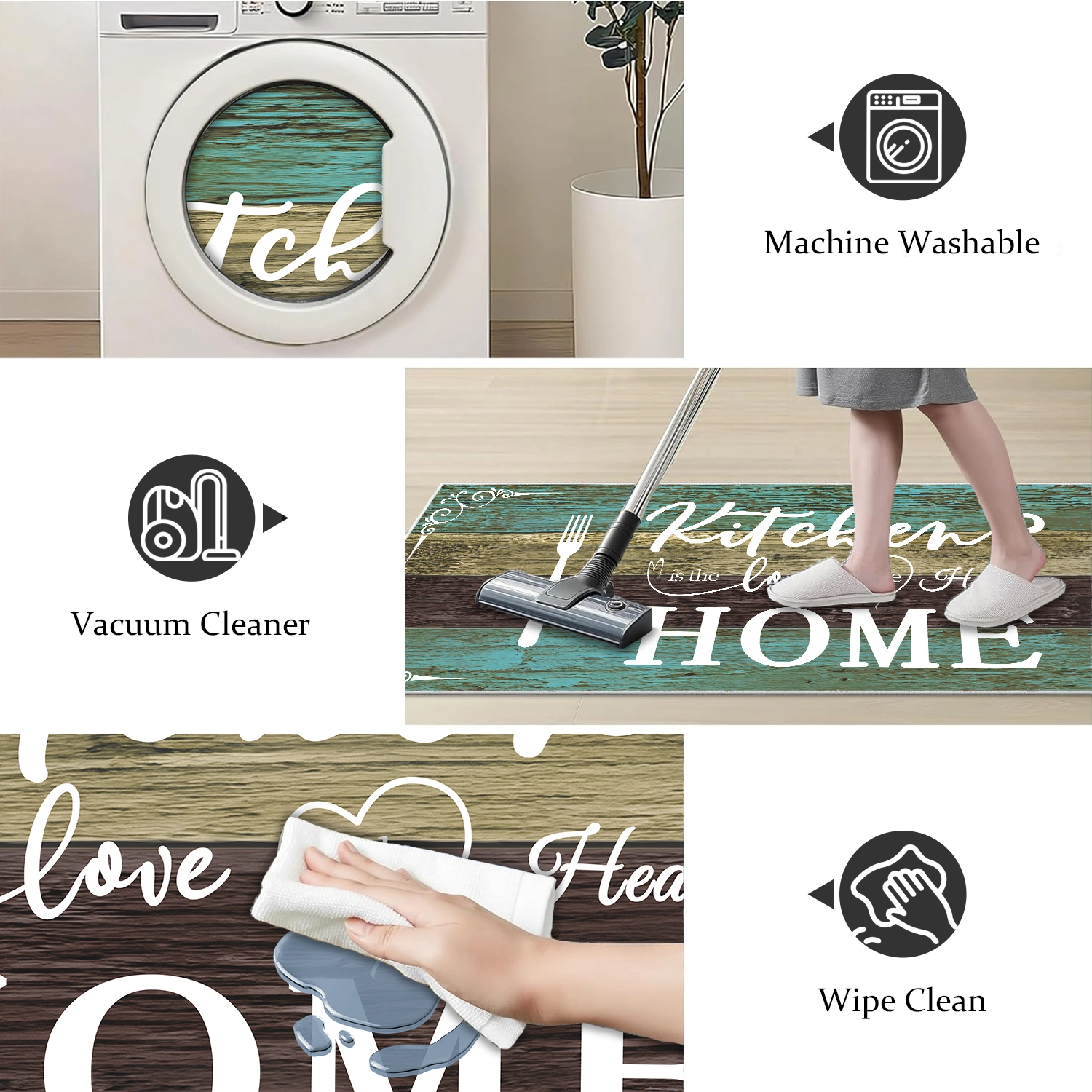 Boho Kitchen Rug Sets 3 Pieces, Washable Kitchen Mats for Floor, Non Slip Soft Kitchen Area Rug Floor Mat for Kitchen, Laundry Room and Hallway (Teal, 20''x32''+20''x48''+20''x60'') view 5