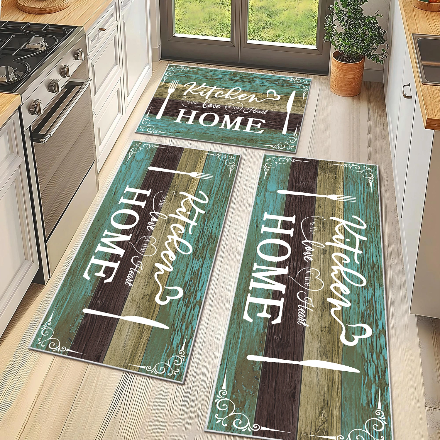 Boho Kitchen Rug Sets 3 Pieces, Washable Kitchen Mats for Floor, Non Slip Soft Kitchen Area Rug Floor Mat for Kitchen, Laundry Room and Hallway (Teal, 20''x32''+20''x48''+20''x60'') view 7
