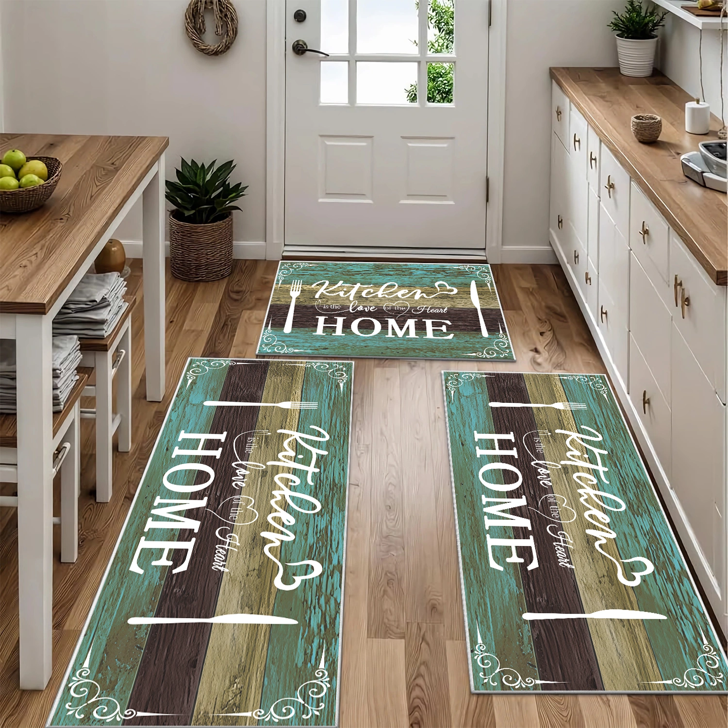 Boho Kitchen Rug Sets 3 Pieces, Washable Kitchen Mats for Floor, Non Slip Soft Kitchen Area Rug Floor Mat for Kitchen, Laundry Room and Hallway (Teal, 20''x32''+20''x48''+20''x60'') view 8