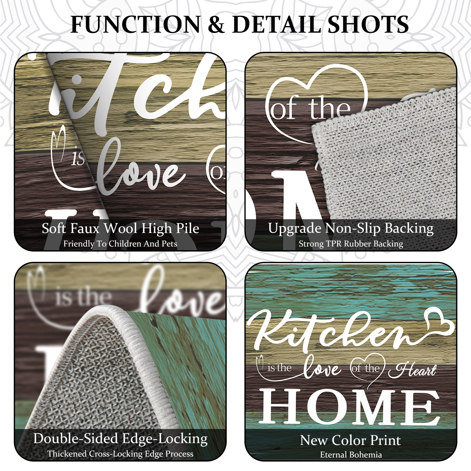 Boho Kitchen Rug Sets 3 Pieces, Washable Kitchen Mats for Floor, Non Slip Soft Kitchen Area Rug Floor Mat for Kitchen, Laundry Room and Hallway (Teal, 20''x32''+20''x48''+20''x60'') view 9
