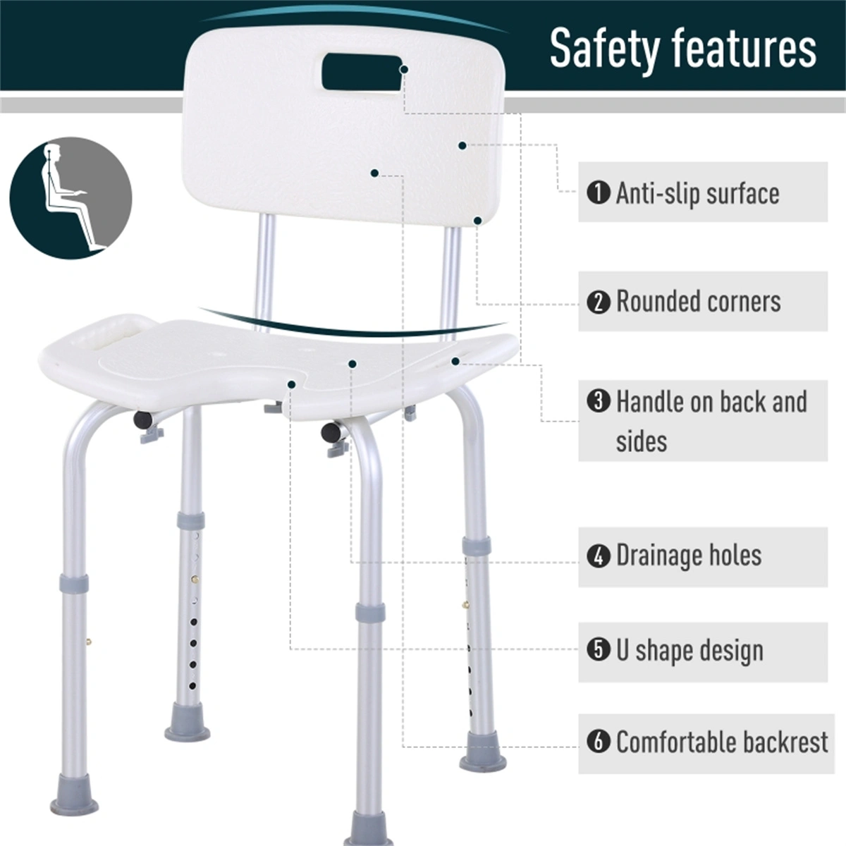 Bath Chair for Bathroom - Sturdy Shower Seat with Backrest, Non-Slip Rubber Feet, Easy Assembly, Supports Up to 300 lbs view 3