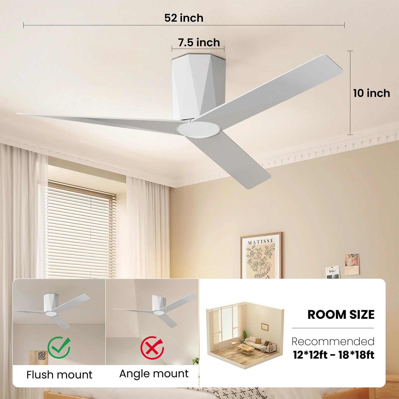 Ceiling Fans with Dimmable Led Lights, 52 Inch Flush Mount Ceiling Fan Remote Control, Quiet DC Reversible Motor for Summer Winter, Low Profile Modern ABS Blades Indoor Use, 3X-Z3[Unable ship on weekends, TK/TEMU only for pickup, only TX10643 warehou view 5