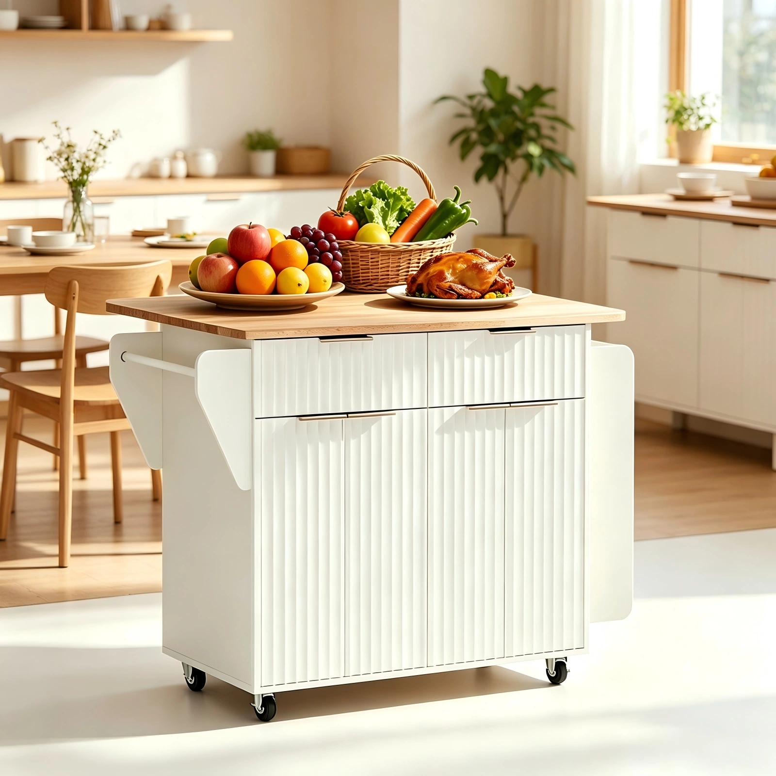 (Do Not Sale on Amazon) 4-Door 2-Drawer Grille Food Cart Champagne Gold Thermoformed Door Panels Bakelite Handles Bakelite Countertop MDF Cabinets and Serving Sideboard 43.07*29.17*32.68in White view 10