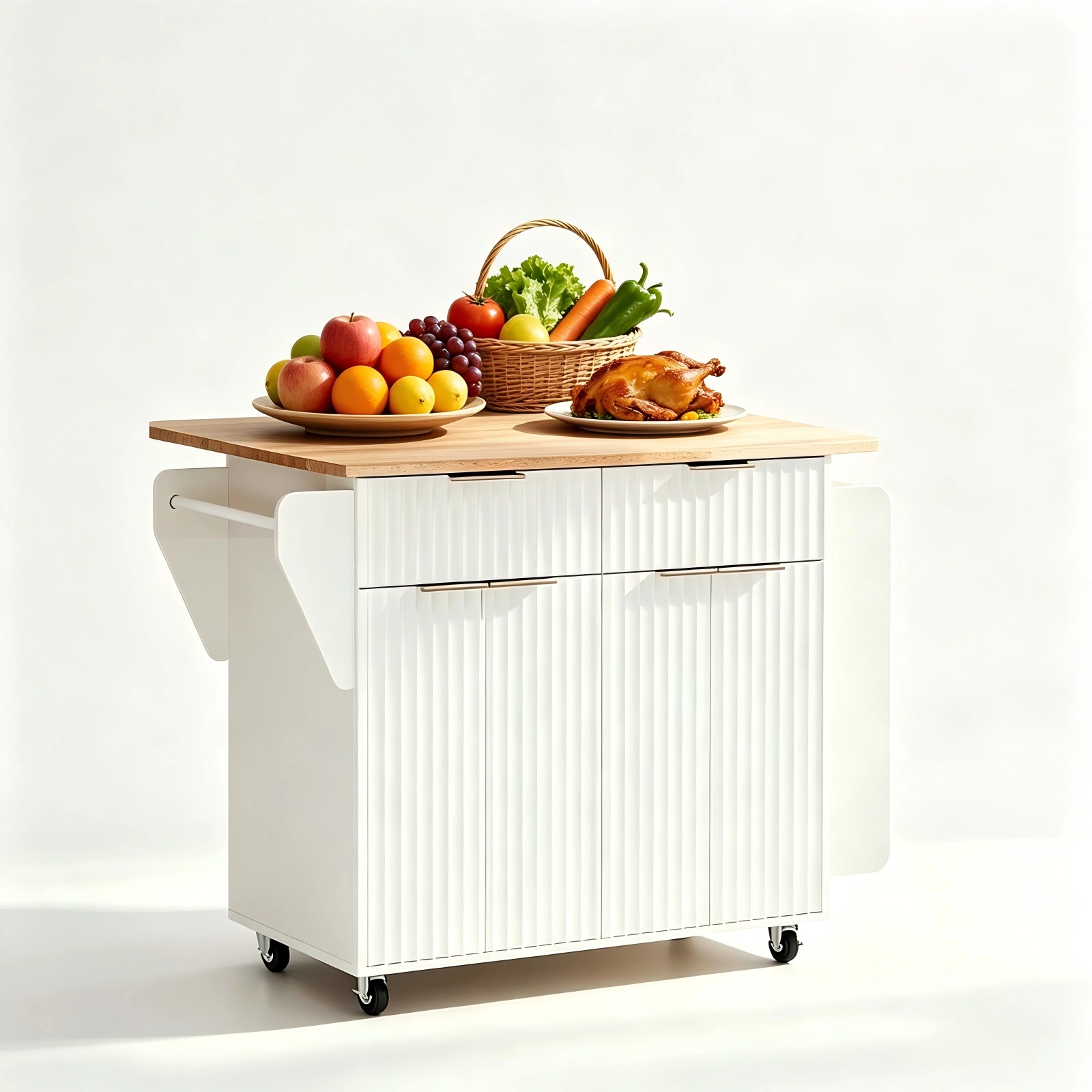 (Do Not Sale on Amazon) 4-Door 2-Drawer Grille Food Cart Champagne Gold Thermoformed Door Panels Bakelite Handles Bakelite Countertop MDF Cabinets and Serving Sideboard 43.07*29.17*32.68in White view 3