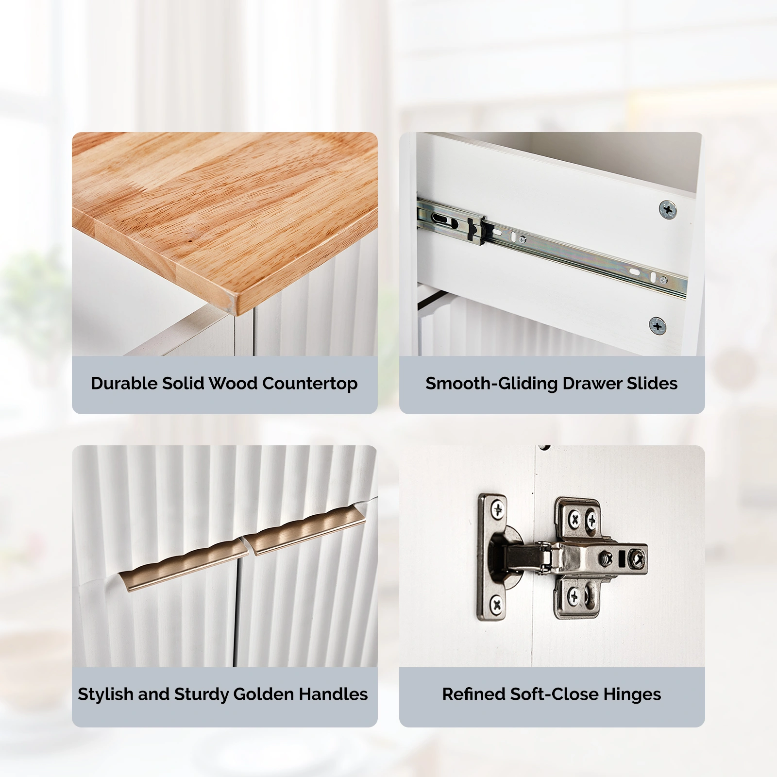 (Do Not Sale on Amazon) 4-Door 2-Drawer Grille Food Cart Champagne Gold Thermoformed Door Panels Bakelite Handles Bakelite Countertop MDF Cabinets and Serving Sideboard 43.07*29.17*32.68in White view 6