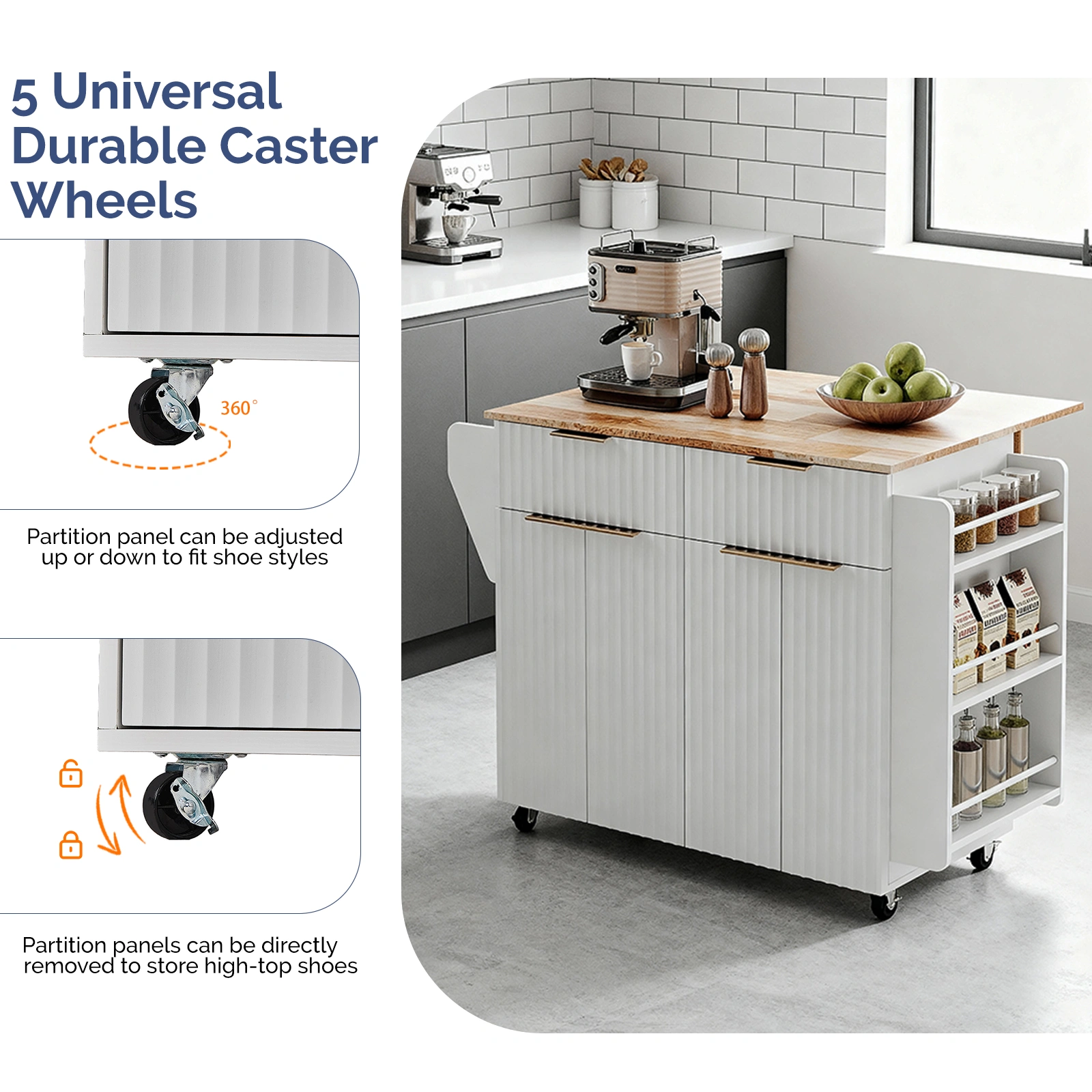 (Do Not Sale on Amazon) 4-Door 2-Drawer Grille Food Cart Champagne Gold Thermoformed Door Panels Bakelite Handles Bakelite Countertop MDF Cabinets and Serving Sideboard 43.07*29.17*32.68in White view 7