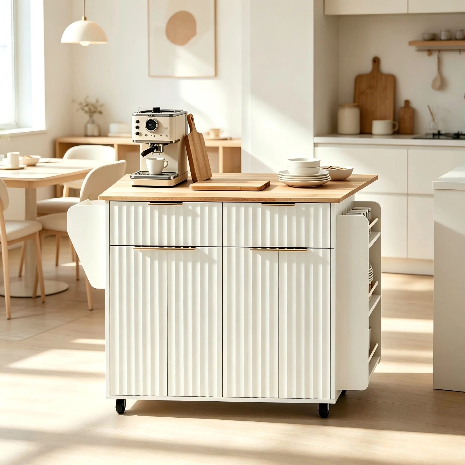 (Do Not Sale on Amazon) 4-Door 2-Drawer Grille Food Cart Champagne Gold Thermoformed Door Panels Bakelite Handles Bakelite Countertop MDF Cabinets and Serving Sideboard 43.07*29.17*32.68in White view 9