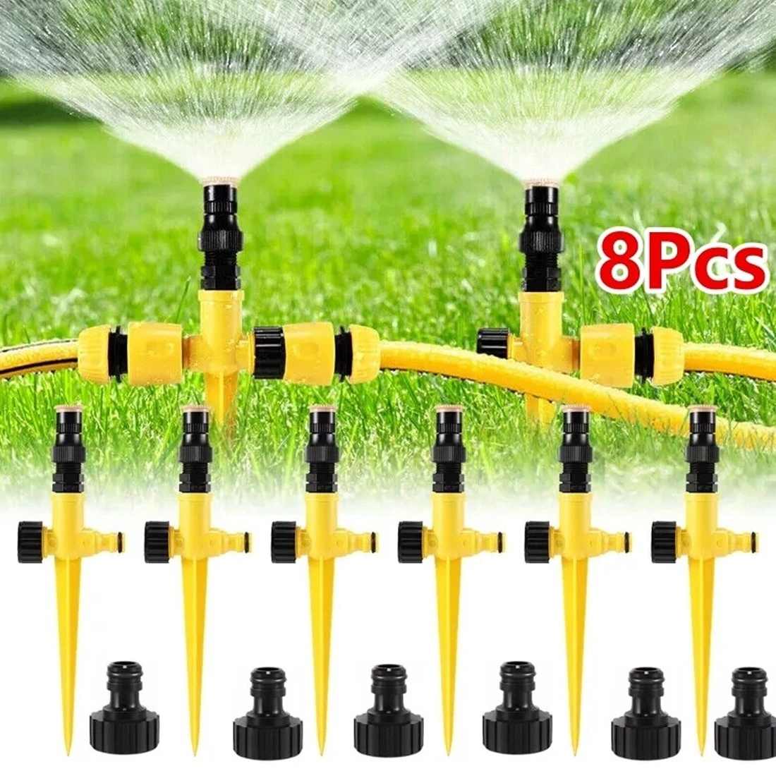 8Pcs 360° Rotary Garden Sprinkler, Automatic Lawn Watering Spike with Hose Connector, Outdoor Grass Sprinkler UK
