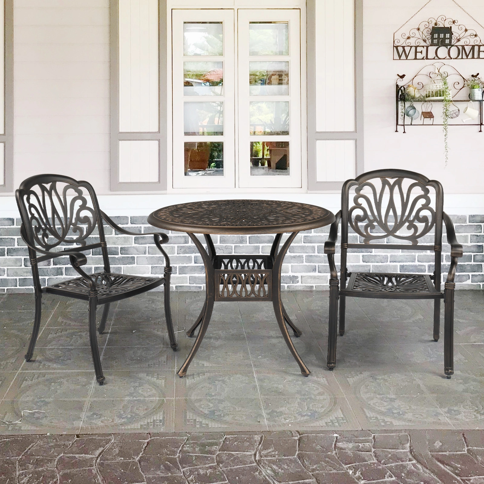 Set of 2 Cast Aluminum Patio Dining Chairs, Stackable Outdoor Bistro Chairs with Armrests for Balcony Backyard Garden Deck, Antique Bronze (Without Cushions) view 10