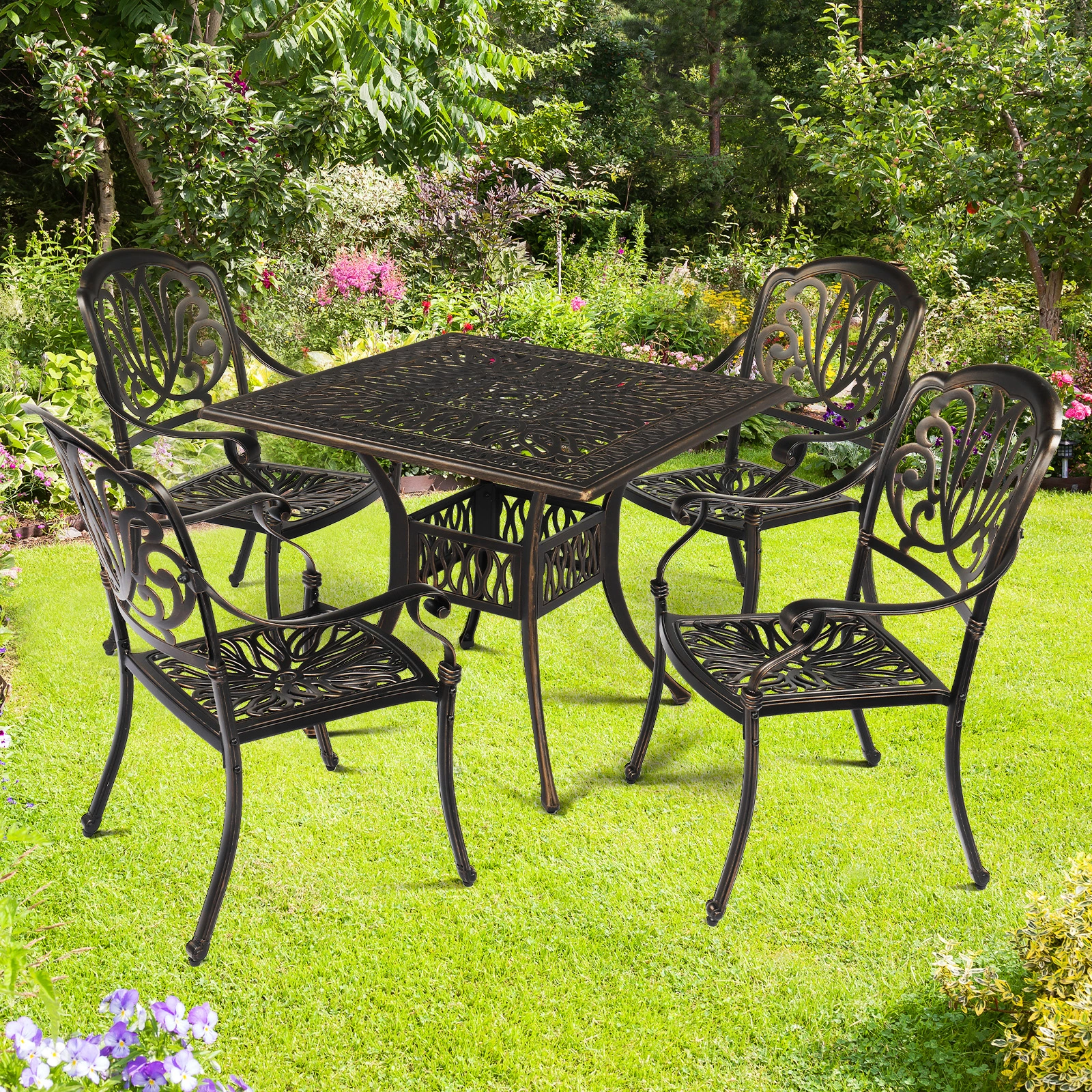 Set of 2 Cast Aluminum Patio Dining Chairs, Stackable Outdoor Bistro Chairs with Armrests for Balcony Backyard Garden Deck, Antique Bronze (Without Cushions) view 11