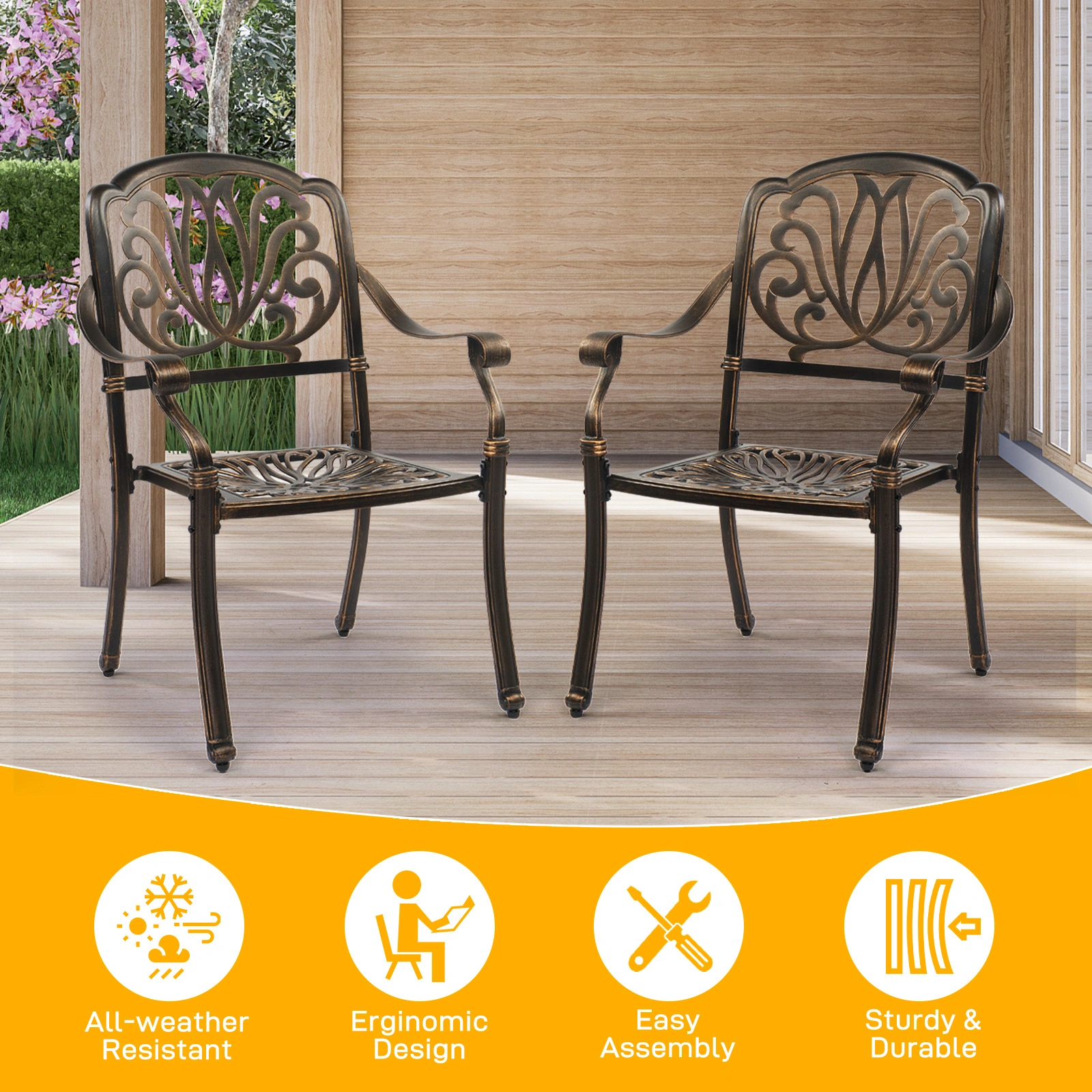 Set of 2 Cast Aluminum Patio Dining Chairs, Stackable Outdoor Bistro Chairs with Armrests for Balcony Backyard Garden Deck, Antique Bronze (Without Cushions) view 12