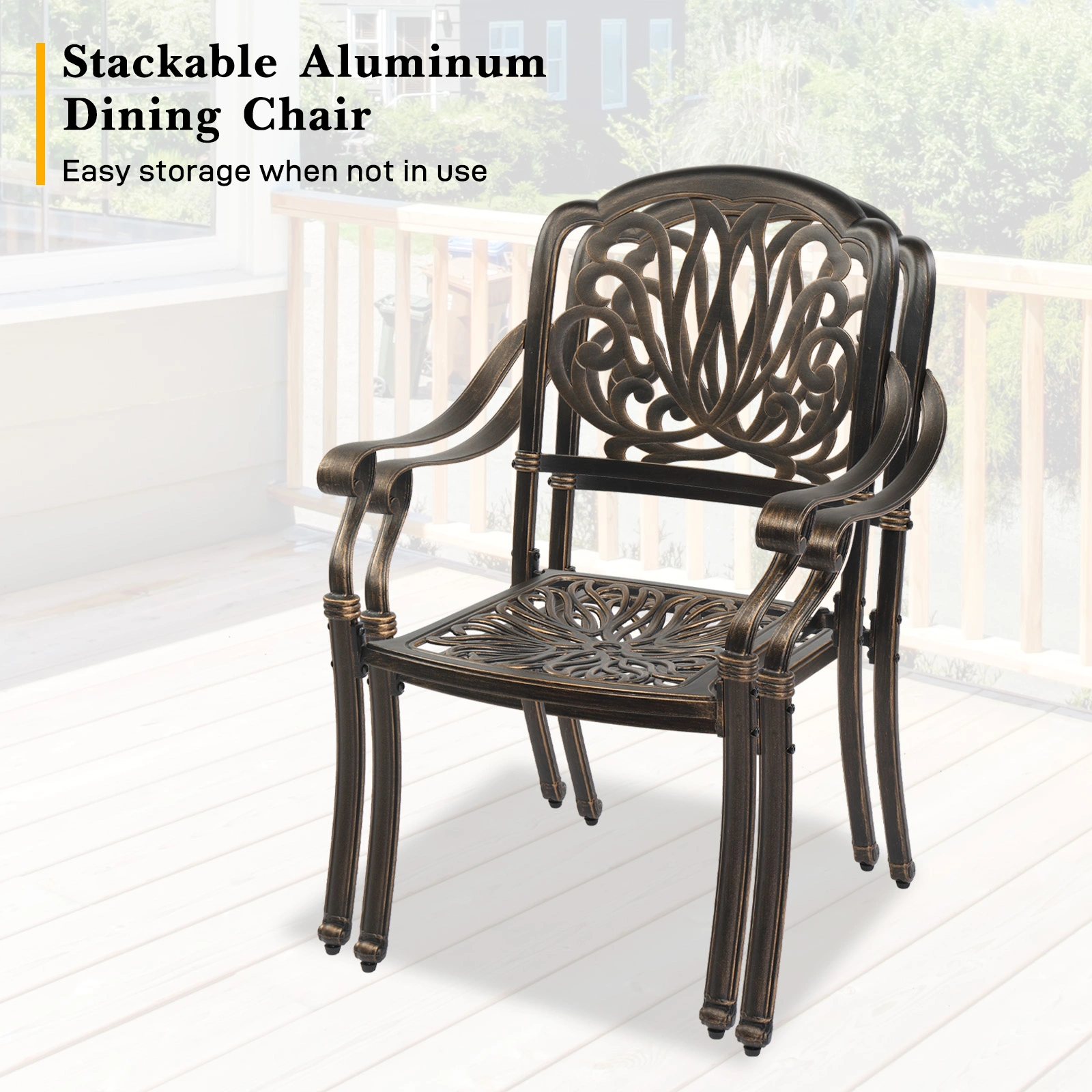 Set of 2 Cast Aluminum Patio Dining Chairs, Stackable Outdoor Bistro Chairs with Armrests for Balcony Backyard Garden Deck, Antique Bronze (Without Cushions) view 5