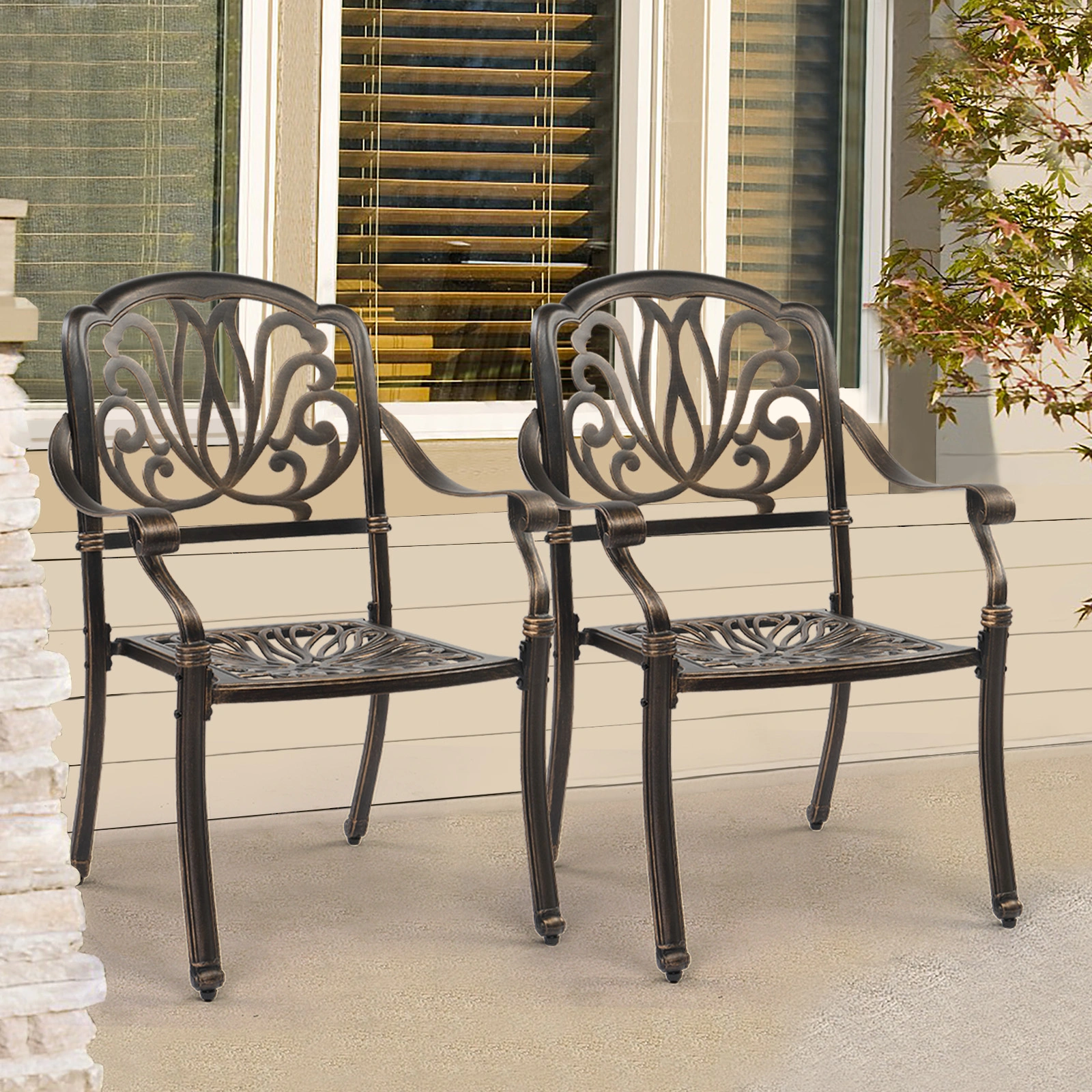 Set of 2 Cast Aluminum Patio Dining Chairs, Stackable Outdoor Bistro Chairs with Armrests for Balcony Backyard Garden Deck, Antique Bronze (Without Cushions) view 7