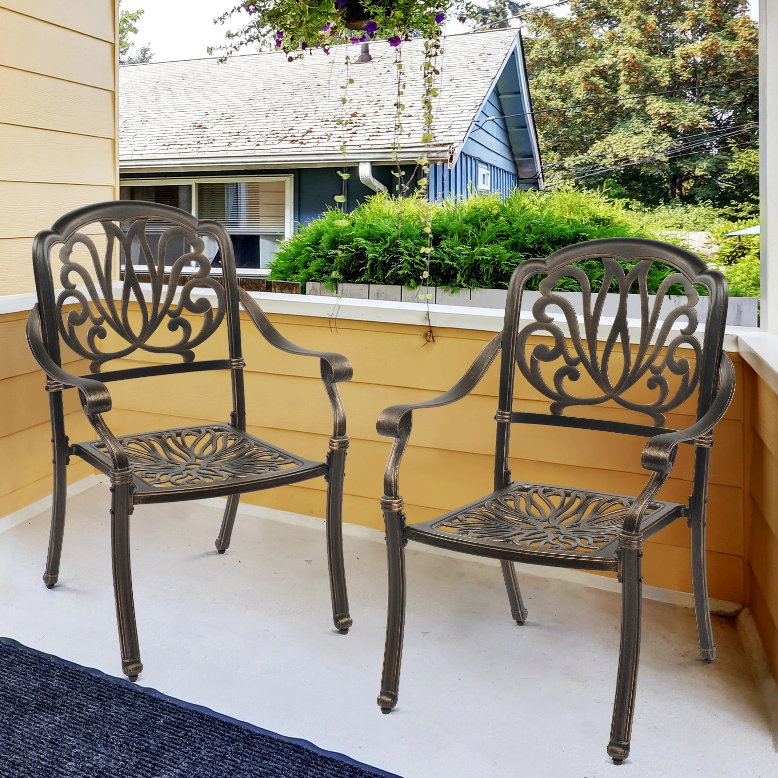 Set of 2 Cast Aluminum Patio Dining Chairs, Stackable Outdoor Bistro Chairs with Armrests for Balcony Backyard Garden Deck, Antique Bronze (Without Cushions) view 8