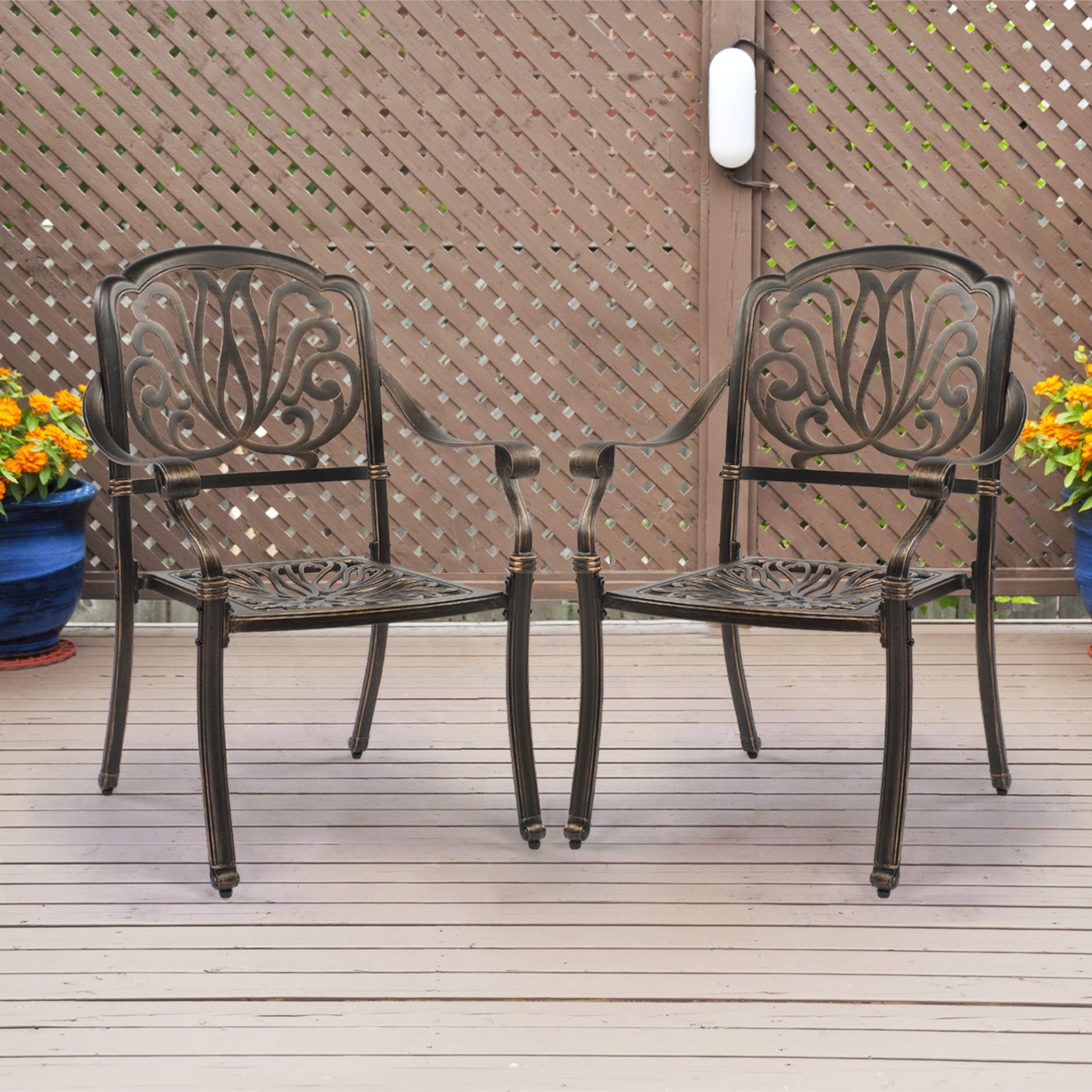 Set of 2 Cast Aluminum Patio Dining Chairs, Stackable Outdoor Bistro Chairs with Armrests for Balcony Backyard Garden Deck, Antique Bronze (Without Cushions) view 9
