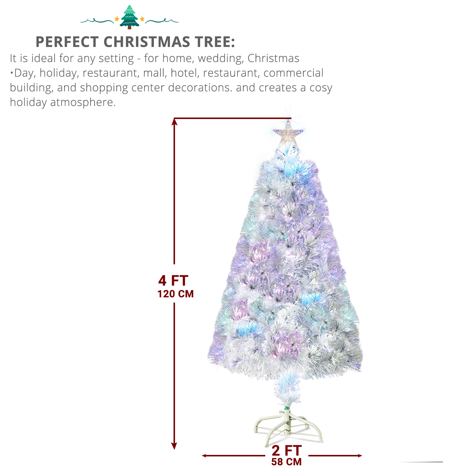 4FT White Fiber Optic Christmas Tree, 120 Branches, PVC Branches with Iron Bracket, Indoor Holiday Decor view 4