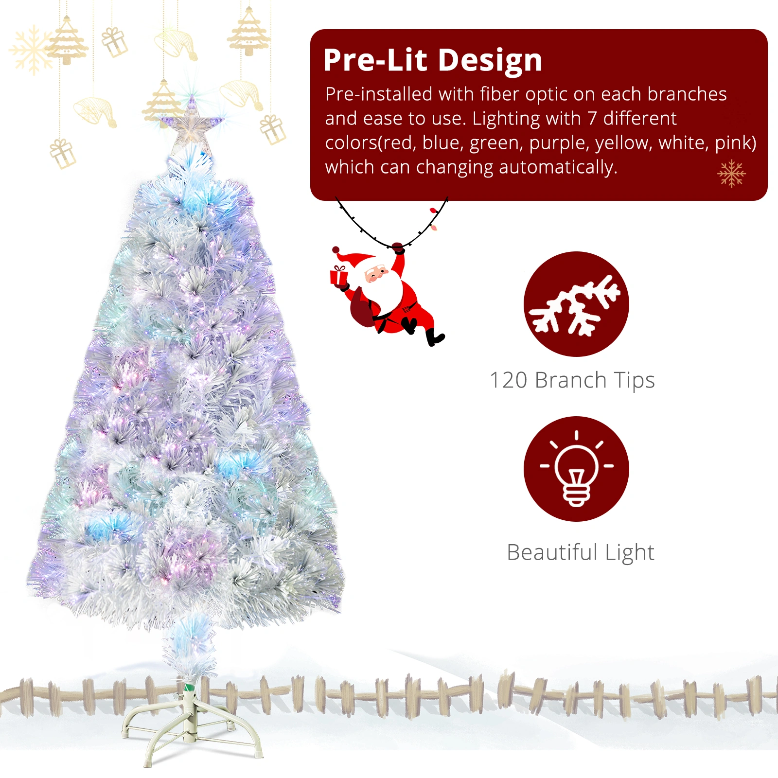 4FT White Fiber Optic Christmas Tree, 120 Branches, PVC Branches with Iron Bracket, Indoor Holiday Decor view 6