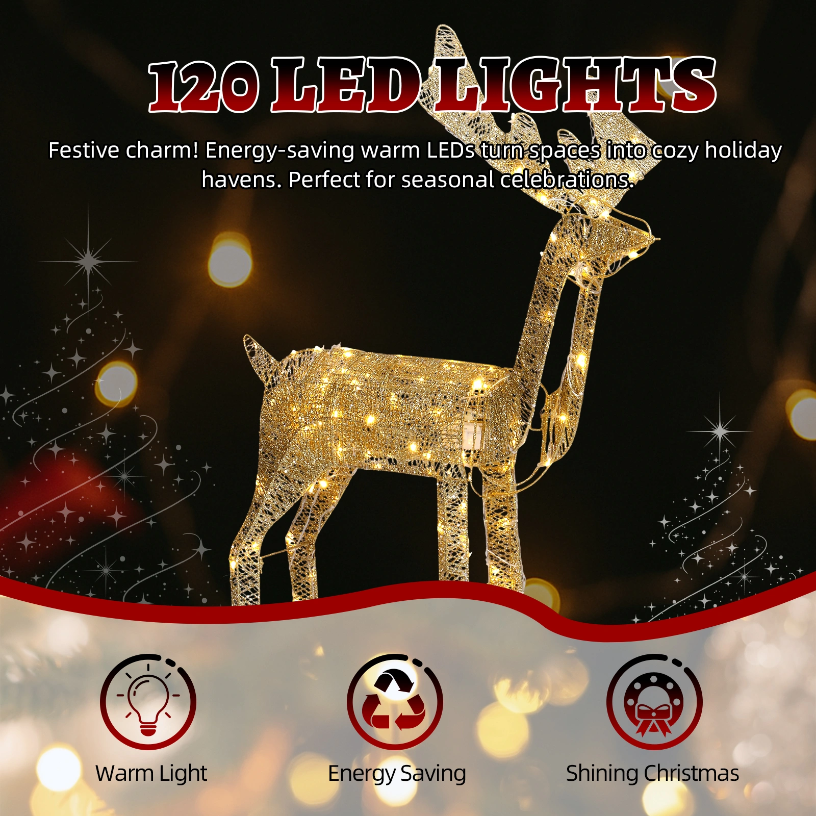 3.6FT Motorized Reindeer with Shaking Head, Outdoor Christmas Decorations with Motor & 120 Warm White LED Lights, for Xmas Outdoor Holiday Indoor Decor Lighted Holiday Displays view 2