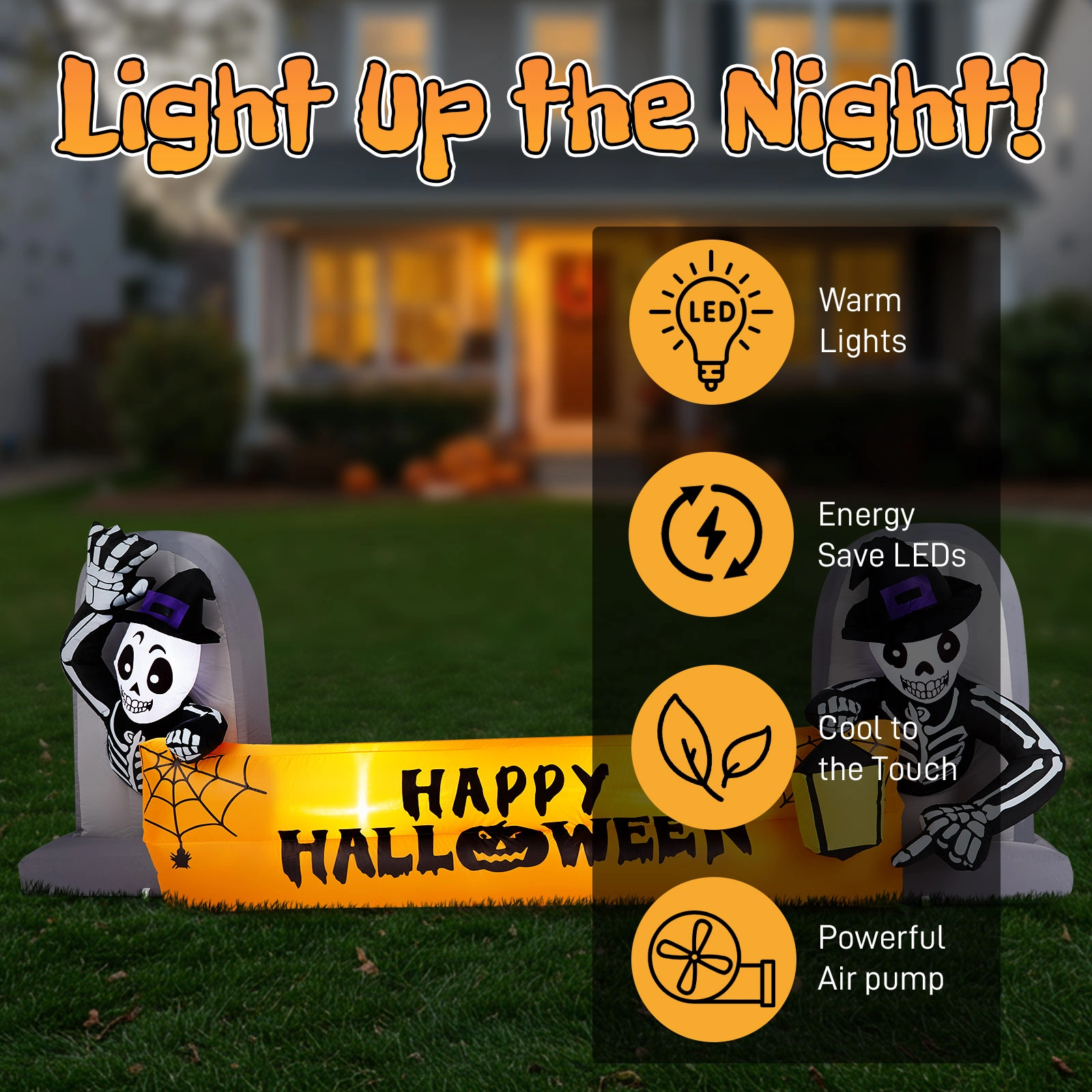 9.6FT Large Halloween Inflatable Decorations Skeleton Tombstone Banner, Outdoor Decorations Blow Up Yard Decor with Built-in LEDs for Halloween Holiday Party Outdoor Garden Yard Lawn Decor view 10