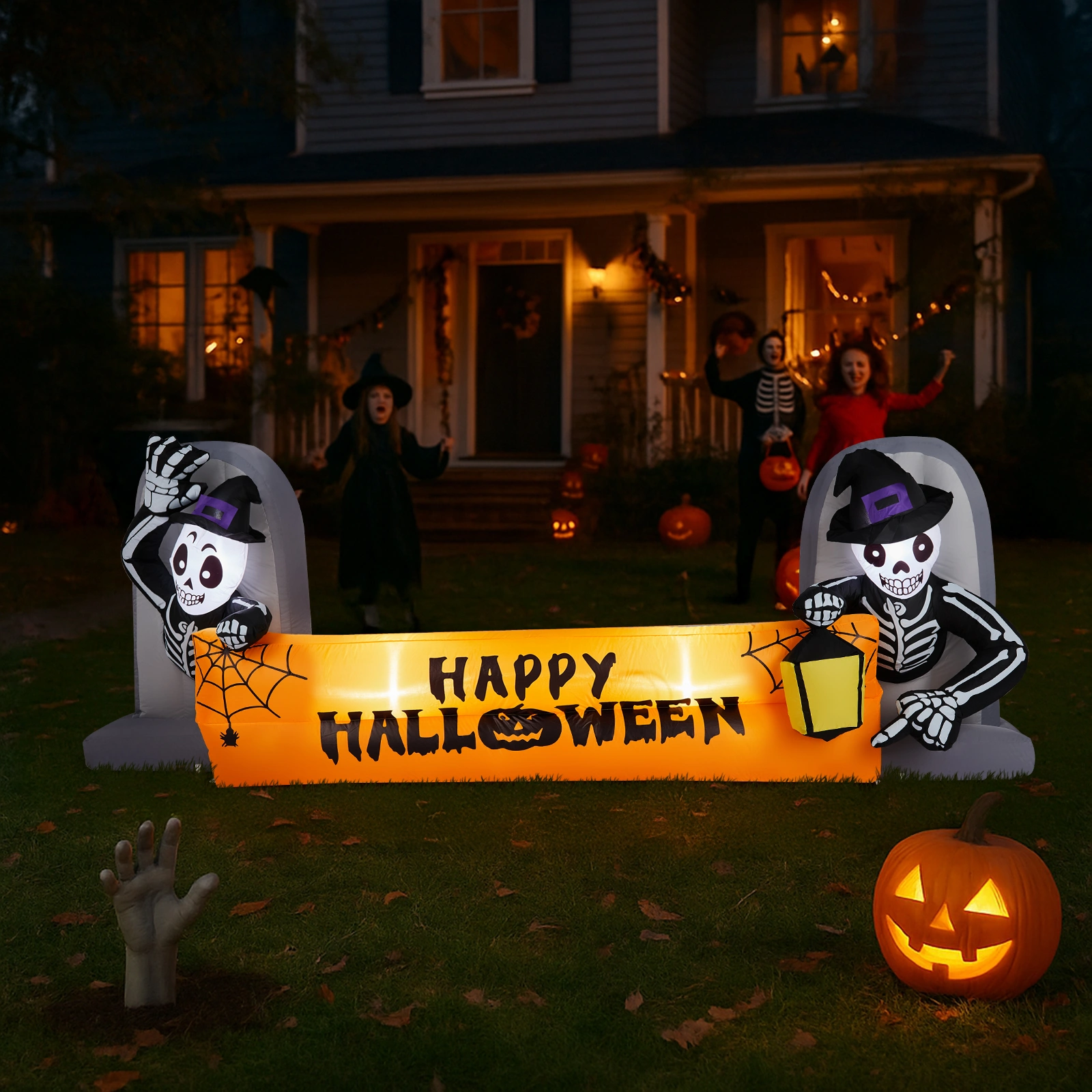 9.6FT Large Halloween Inflatable Decorations Skeleton Tombstone Banner, Outdoor Decorations Blow Up Yard Decor with Built-in LEDs for Halloween Holiday Party Outdoor Garden Yard Lawn Decor view 4