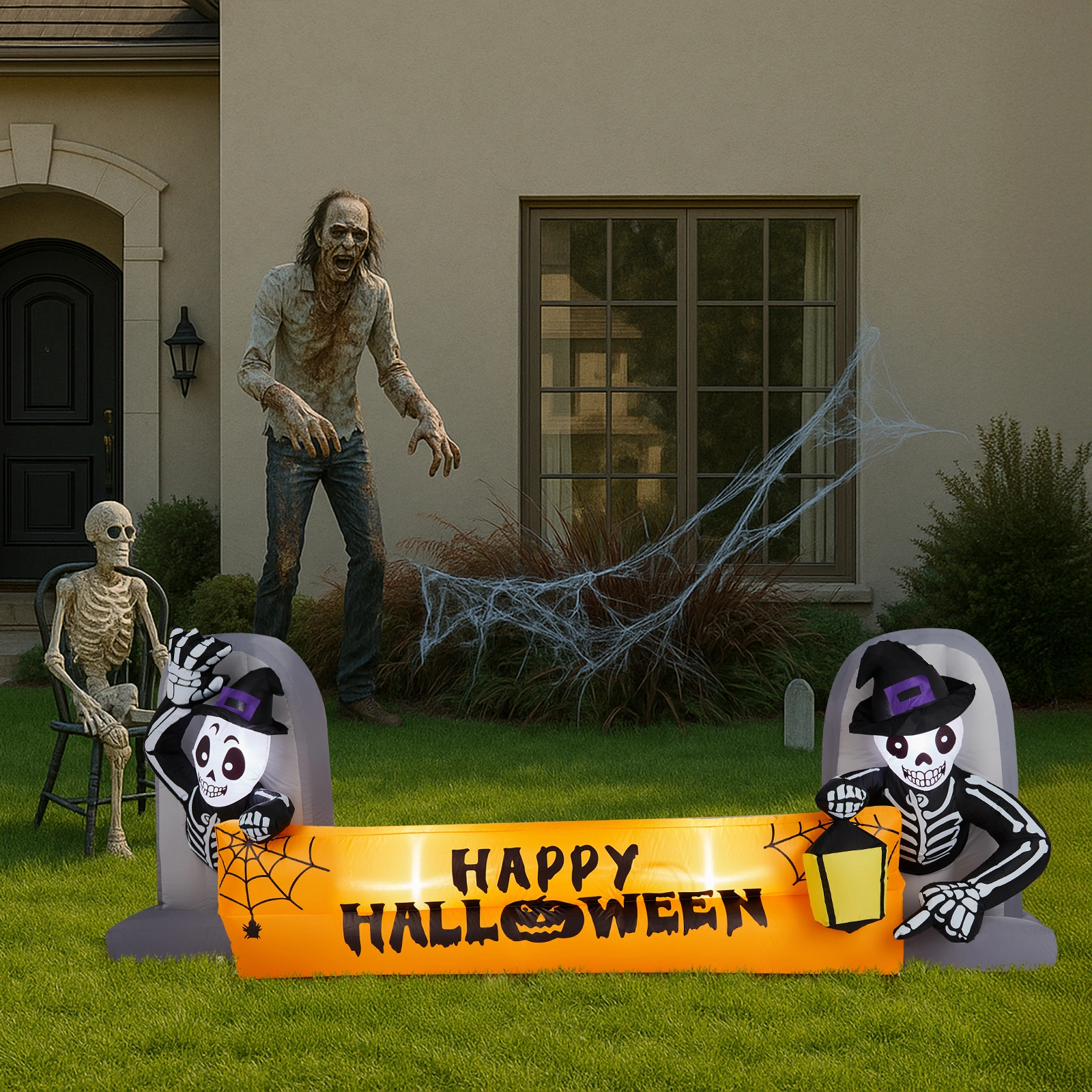 9.6FT Large Halloween Inflatable Decorations Skeleton Tombstone Banner, Outdoor Decorations Blow Up Yard Decor with Built-in LEDs for Halloween Holiday Party Outdoor Garden Yard Lawn Decor view 5