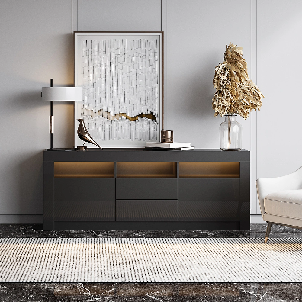 160cm TV Unit Stand Cabinet Sideboard with LED Light, High Gloss Front, All Black Entertainment Centre view 2