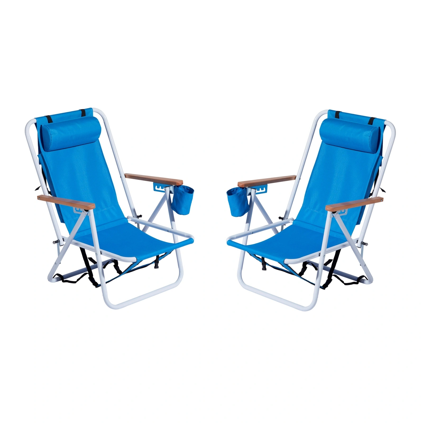 Folding Beach Chair Set of 2 for Adults, 4 Position Portable Backpack Foldable Camping Chair with Headrest Cup Holder Wooden Armrests, Blue, 53764266