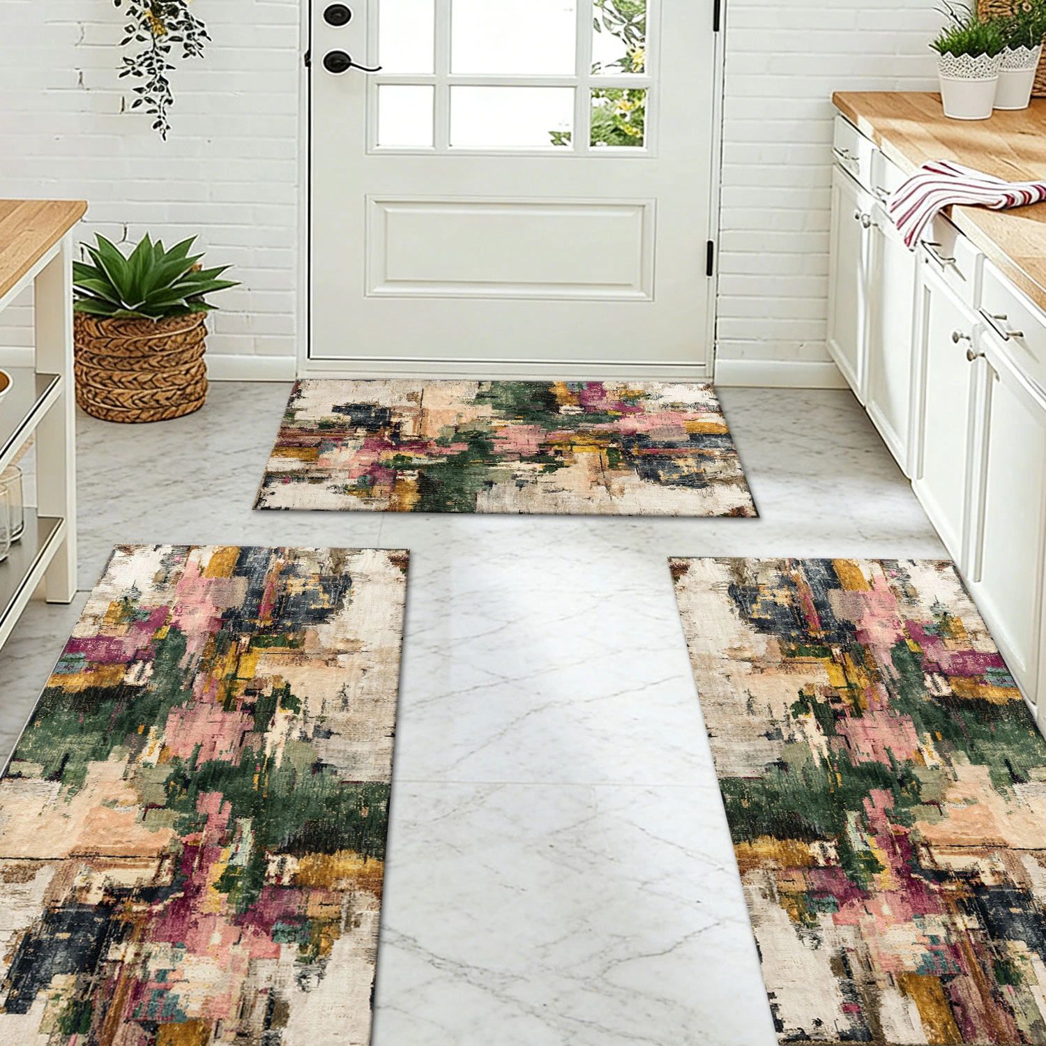 Three-piece kitchen rug set, non-slip and washable, abstract pattern kitchen hallway rug, soft and comfortable, suitable for sinks, floors, entrances, hallways and bathrooms. view 7