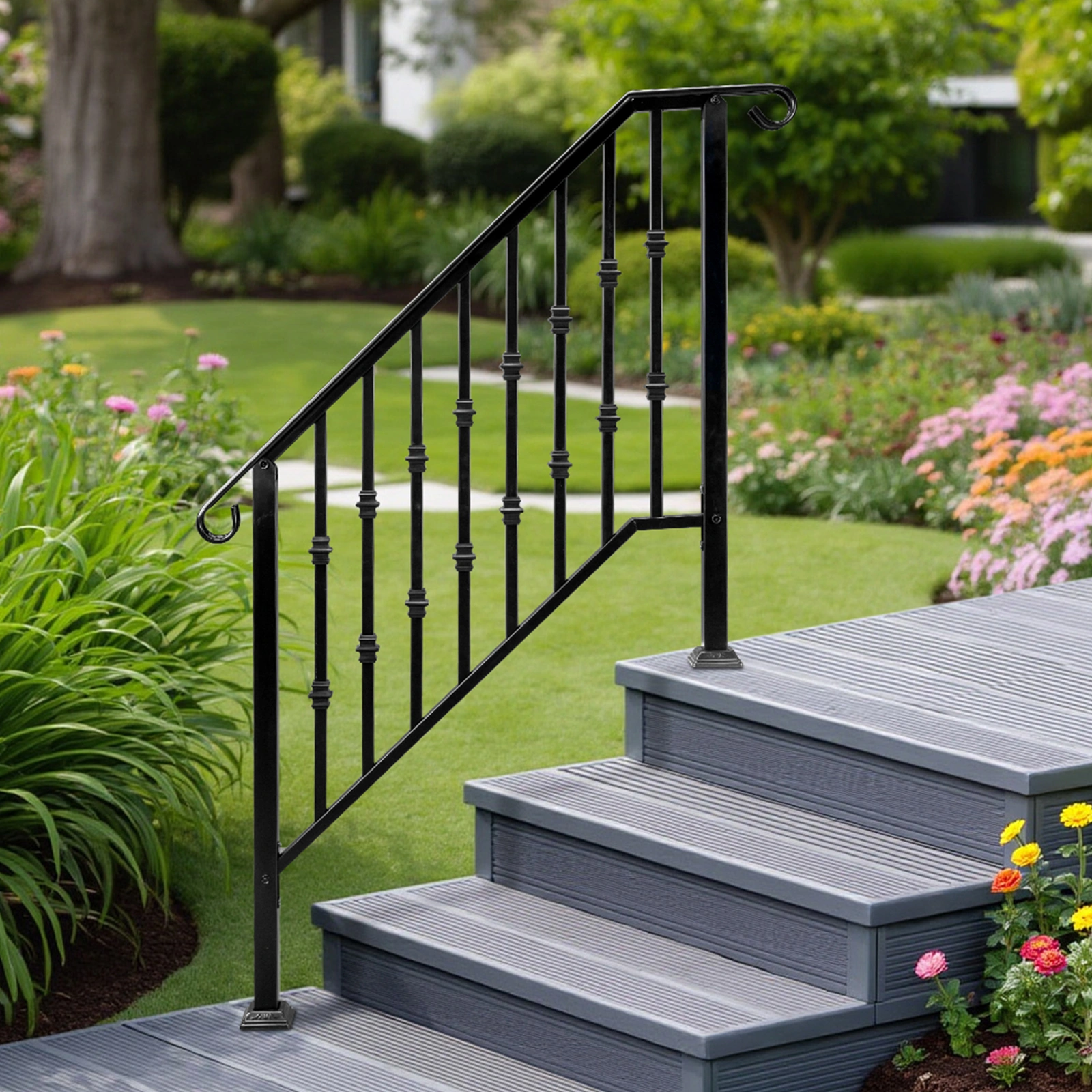 Matte Black Outdoor 3 Level Iron Handrail view 12