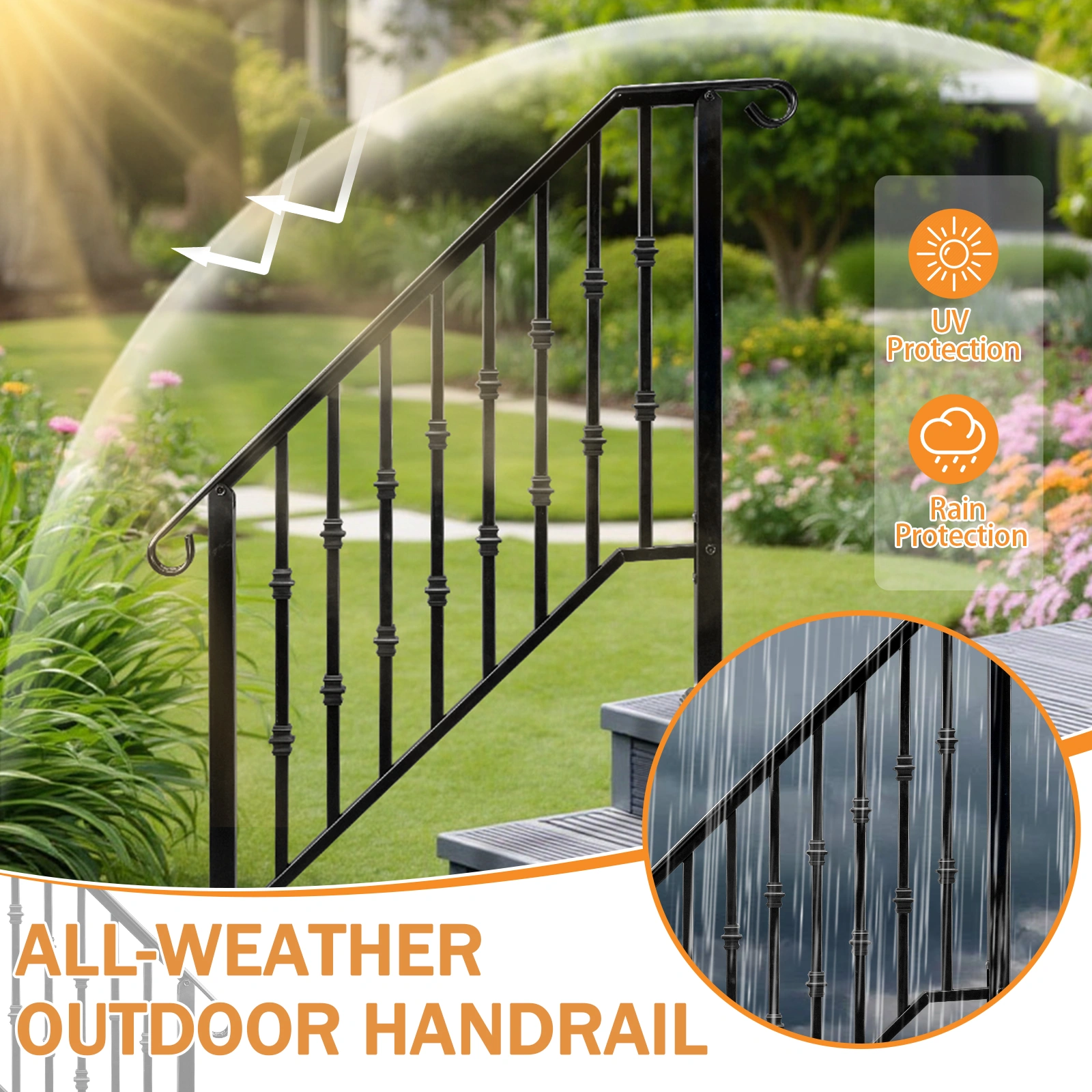 Matte Black Outdoor 3 Level Iron Handrail view 14