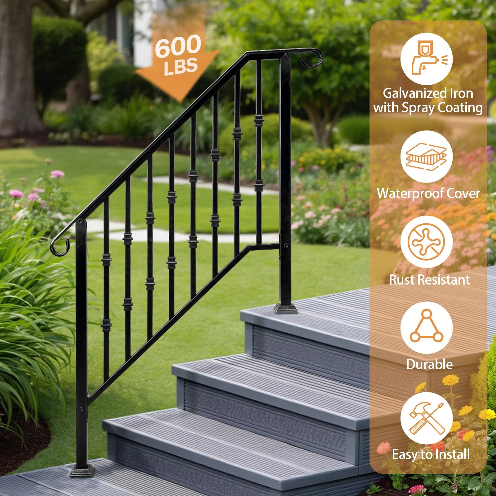 Matte Black Outdoor 3 Level Iron Handrail view 15