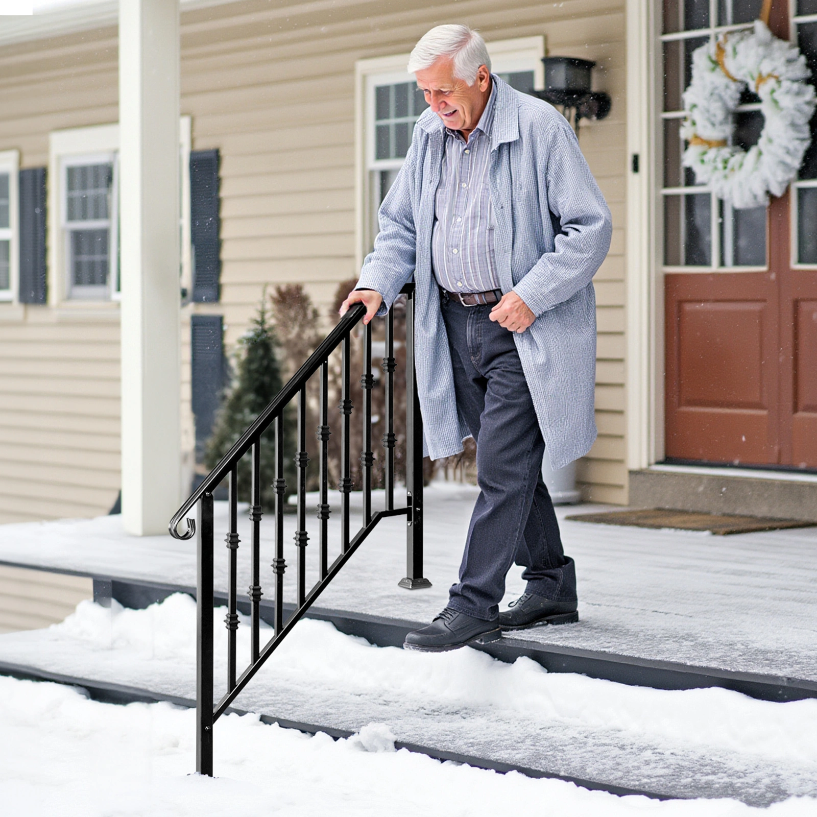 Matte Black Outdoor 3 Level Iron Handrail view 16