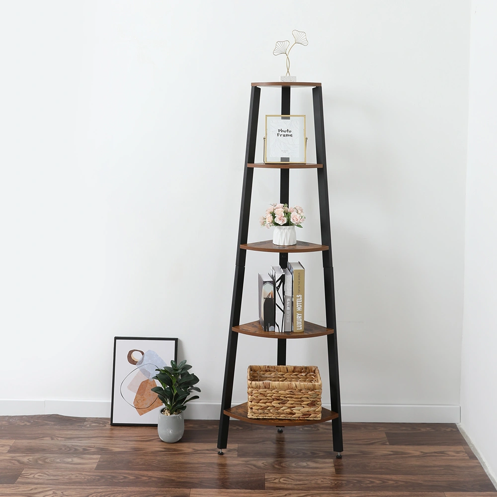 Corner Shelf, 5-Tier Bookshelf, Plant Stand, Wood Look Accent Bookcase Furniture with Metal Frame, for Home and Office, Rustic Brown view 2